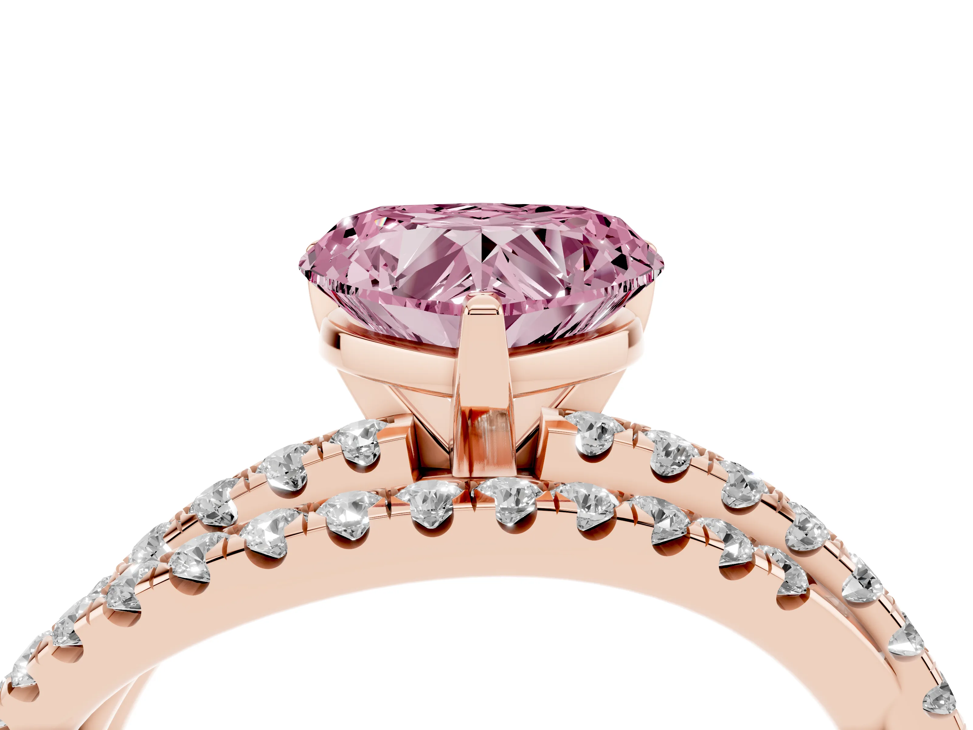 Fancy Pink Heart Cut Diamond Solitaire Twist Band Ring Set in Rose gold with Pavé Setting and Prong Head