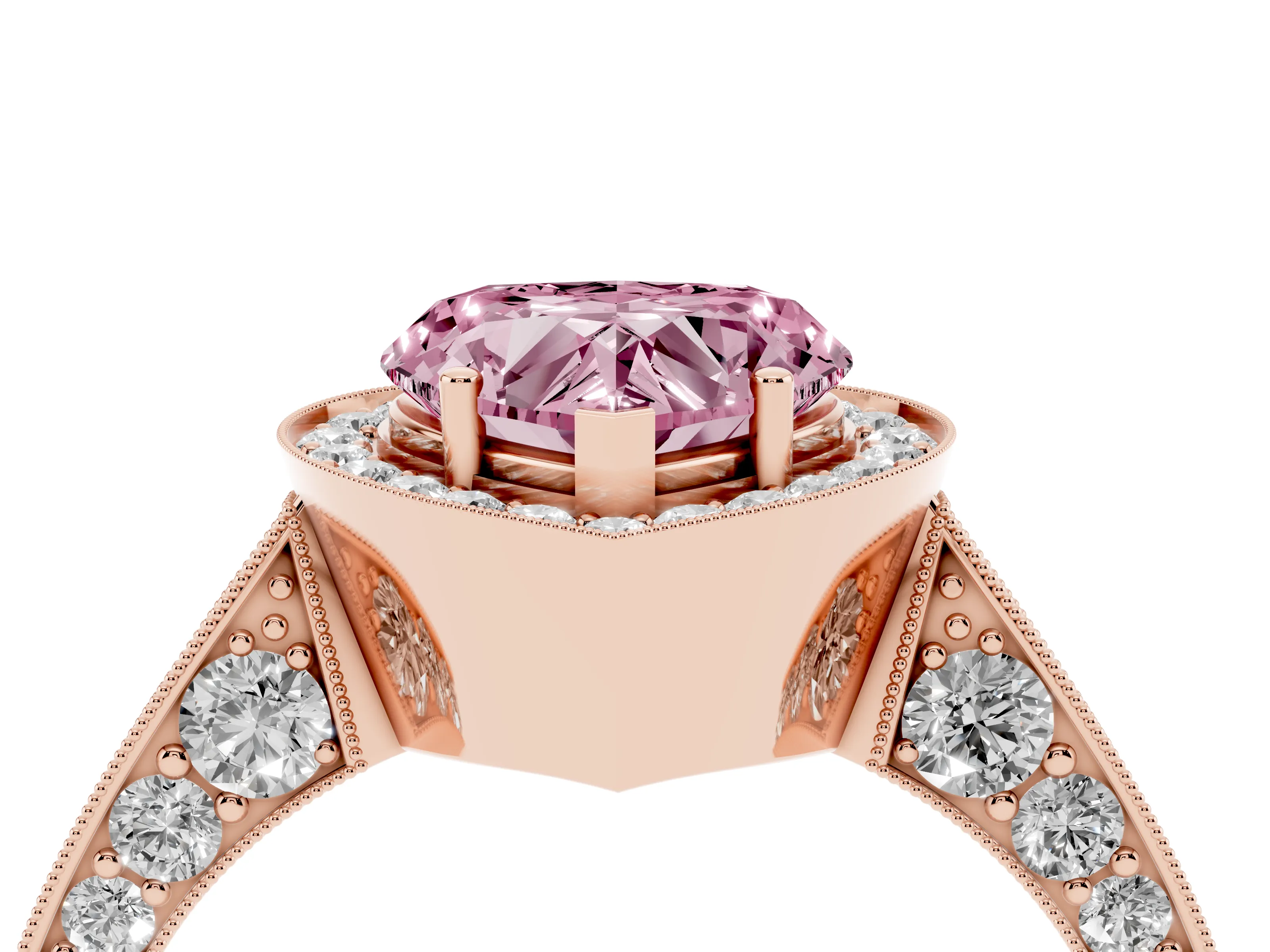 Fancy Pink Heart Cut Diamond Halo Engagement Ring Set in Rose gold with Accent Split Shank Band