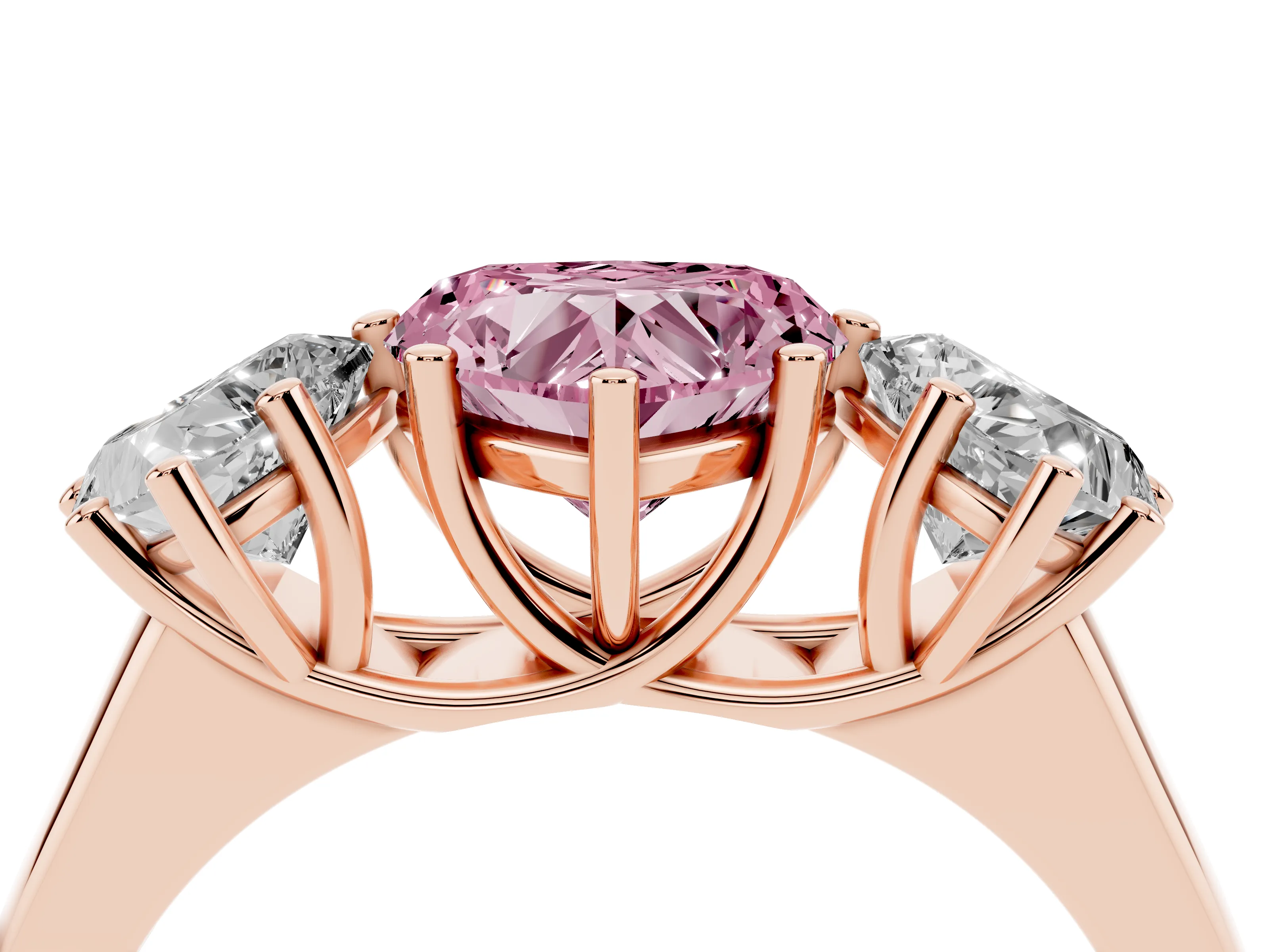 Fancy Pink Heart Cut Diamond Three-Stone Ring Set in Rose gold with Plain Polished Band