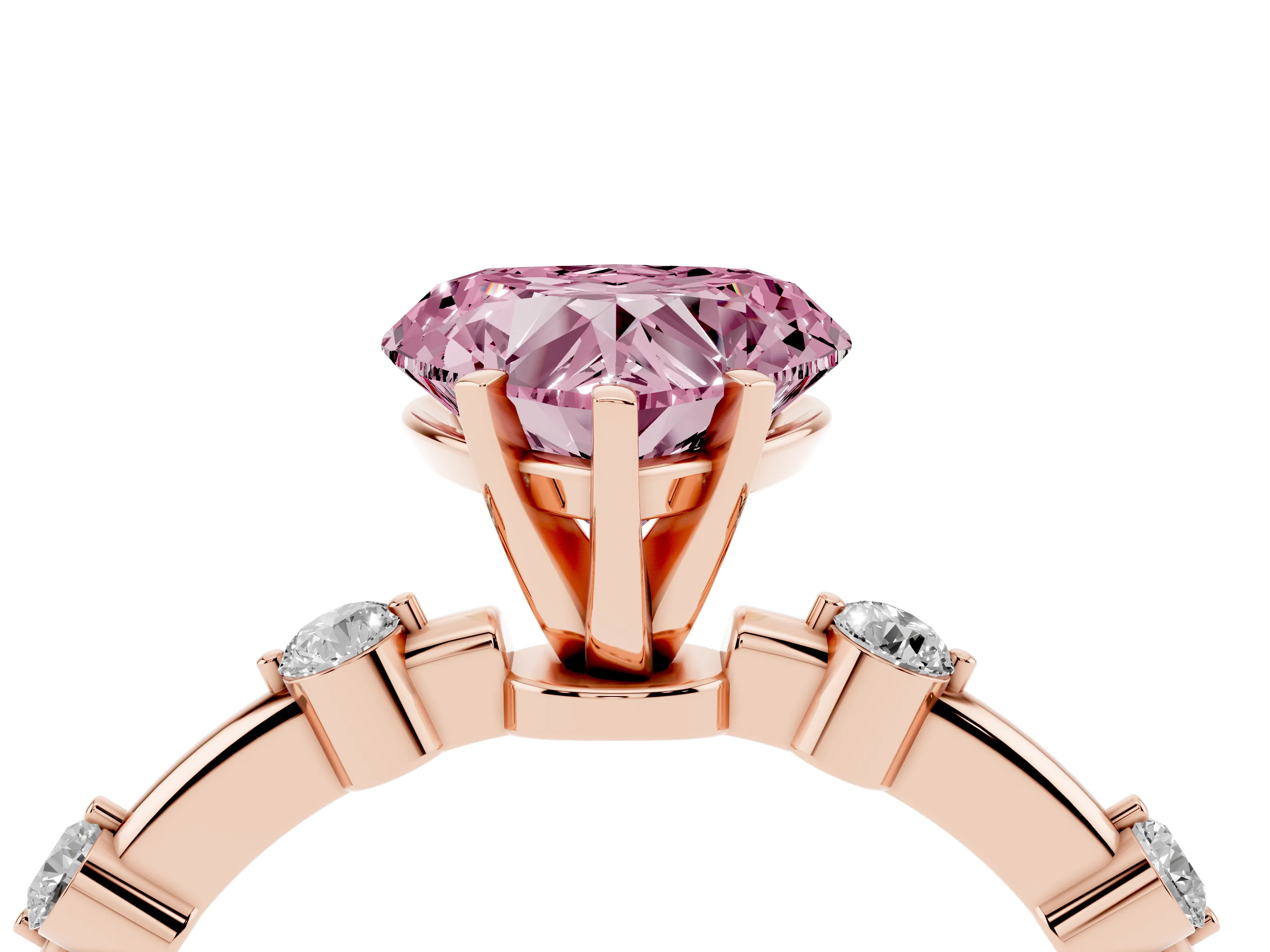 Fancy Pink Heart Cut Diamond Solitaire Ring Set in Rose gold with Bezel Set Side Stones and Prong Setting