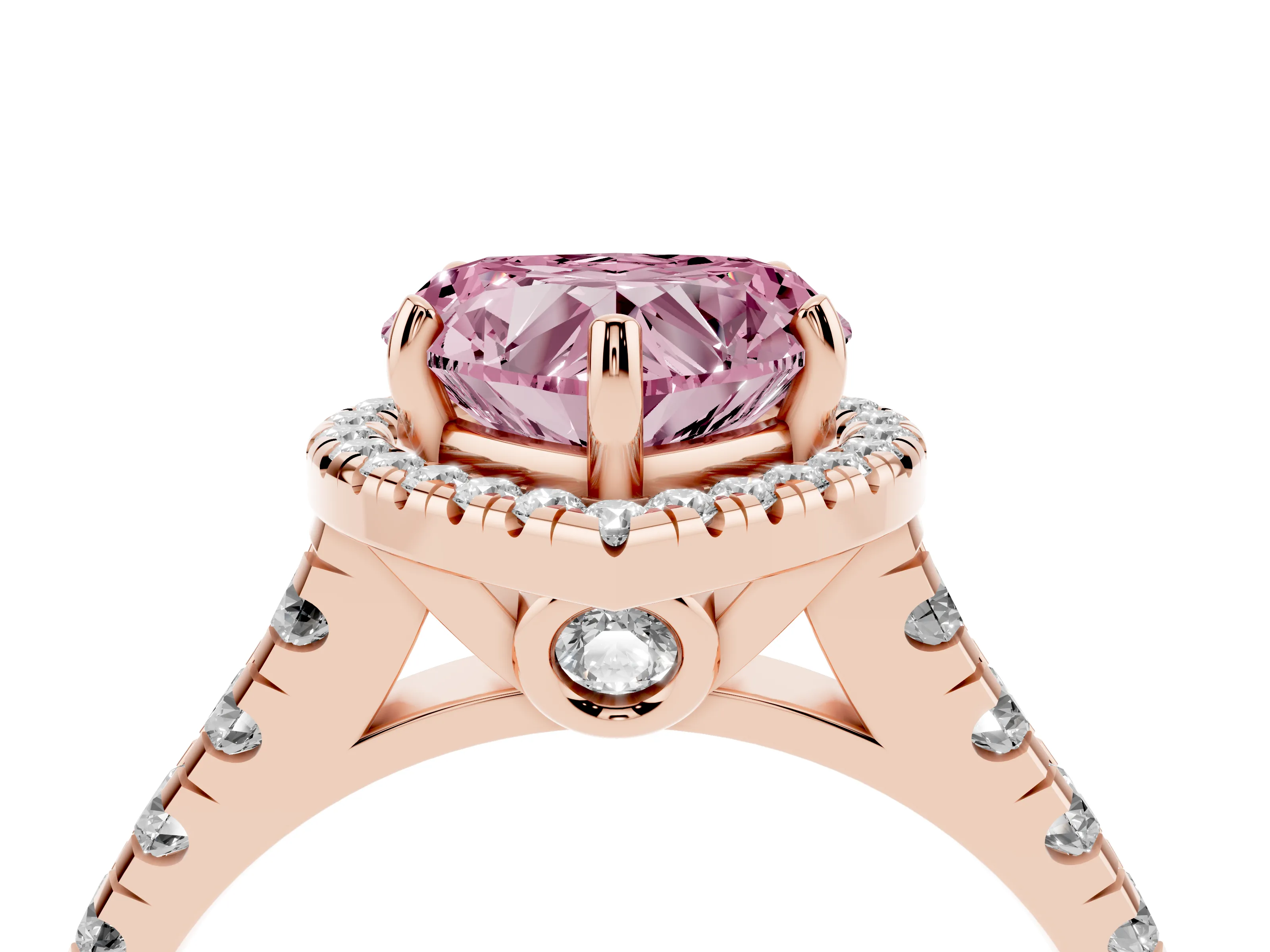 Fancy Pink Heart Cut Diamond Halo Engagement Ring Set in Rose gold with Pavé Band and Prong-Set Center