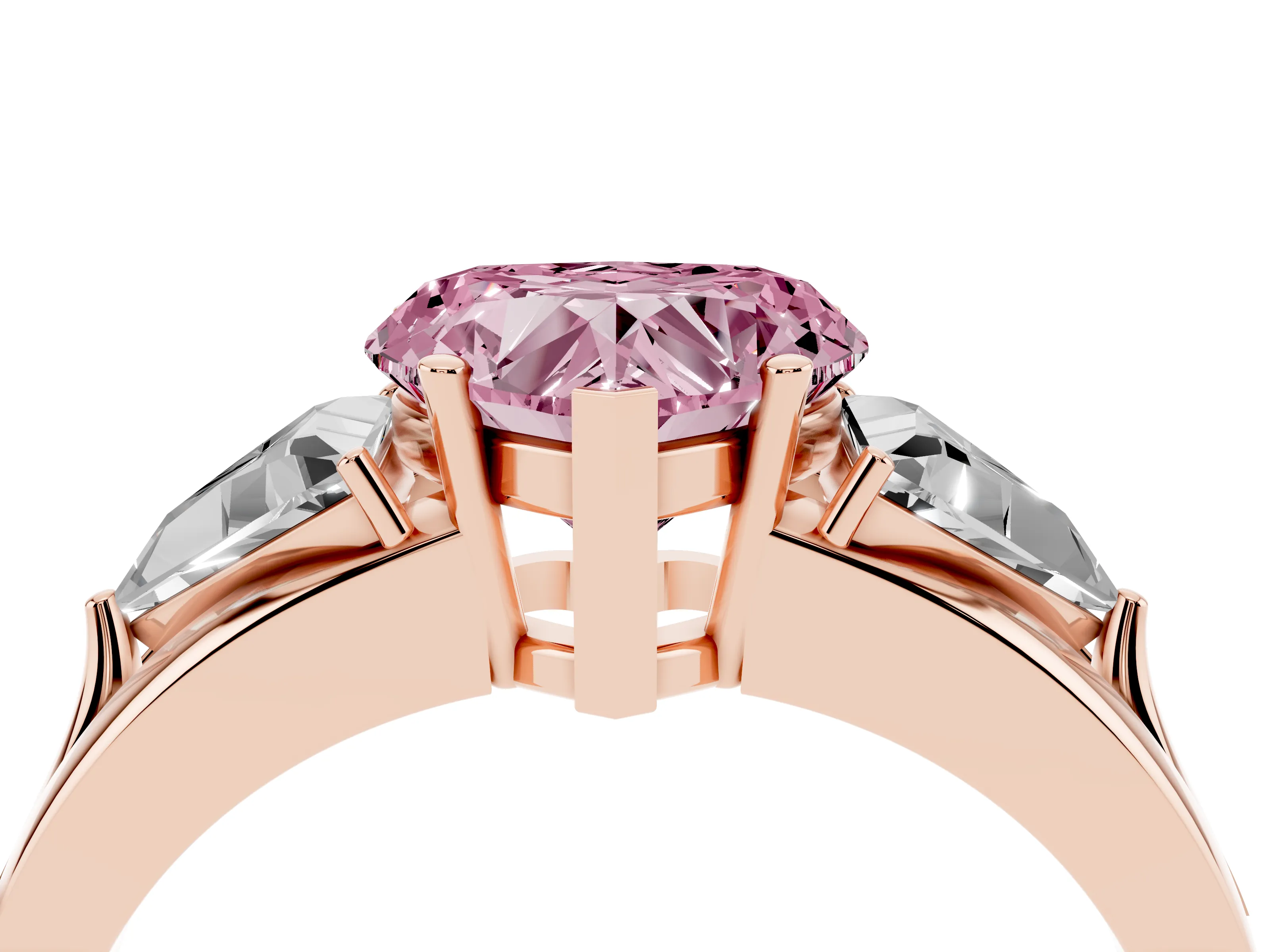Fancy Pink Heart Cut Diamond Three-Stone Ring Set in Rose gold with Trillion Side Stones and Split Shank