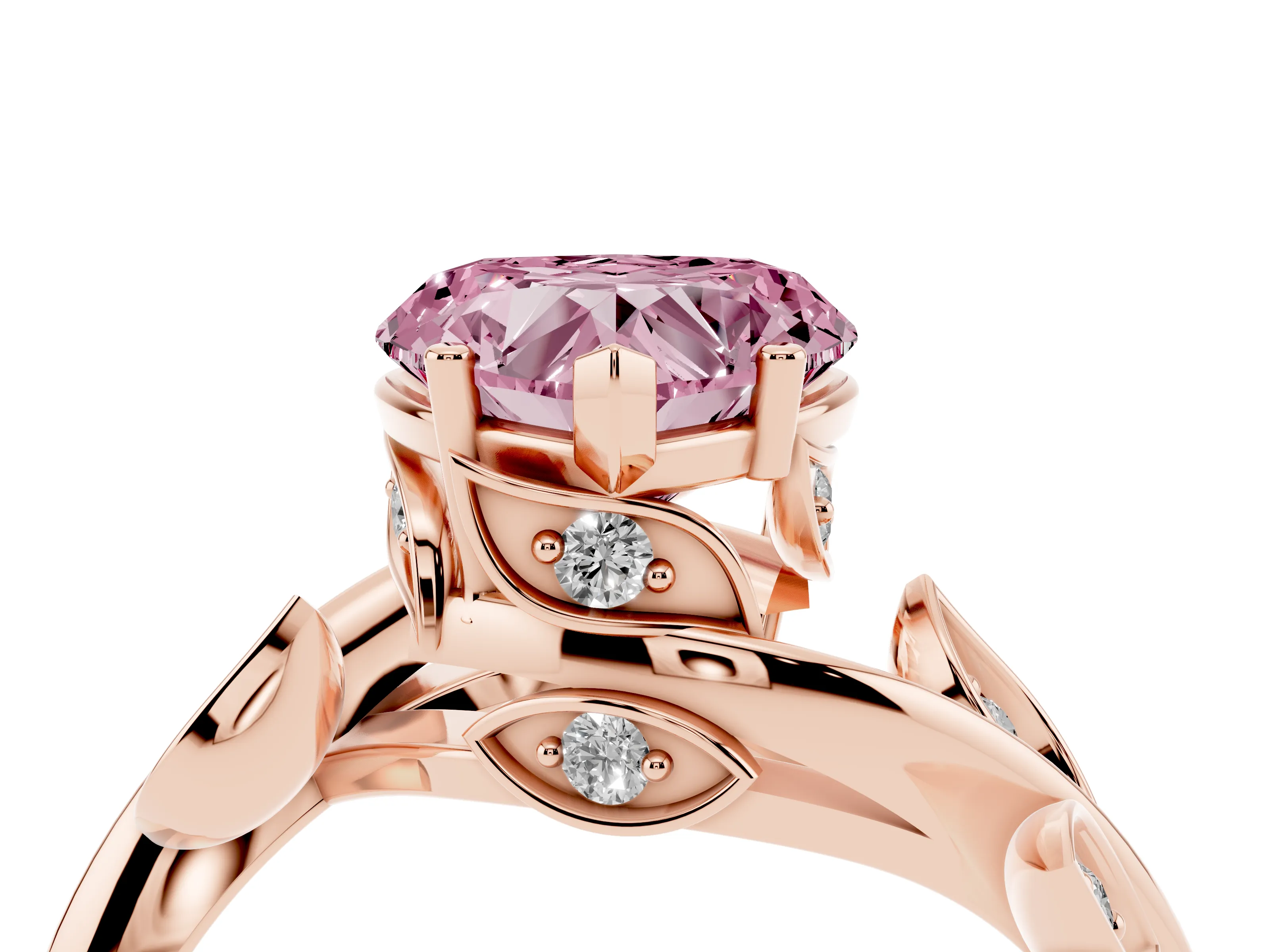 Fancy Pink Heart Cut Diamond Solitaire Twist Engagement Ring Set in Rose gold with Pavé Leaf Accents