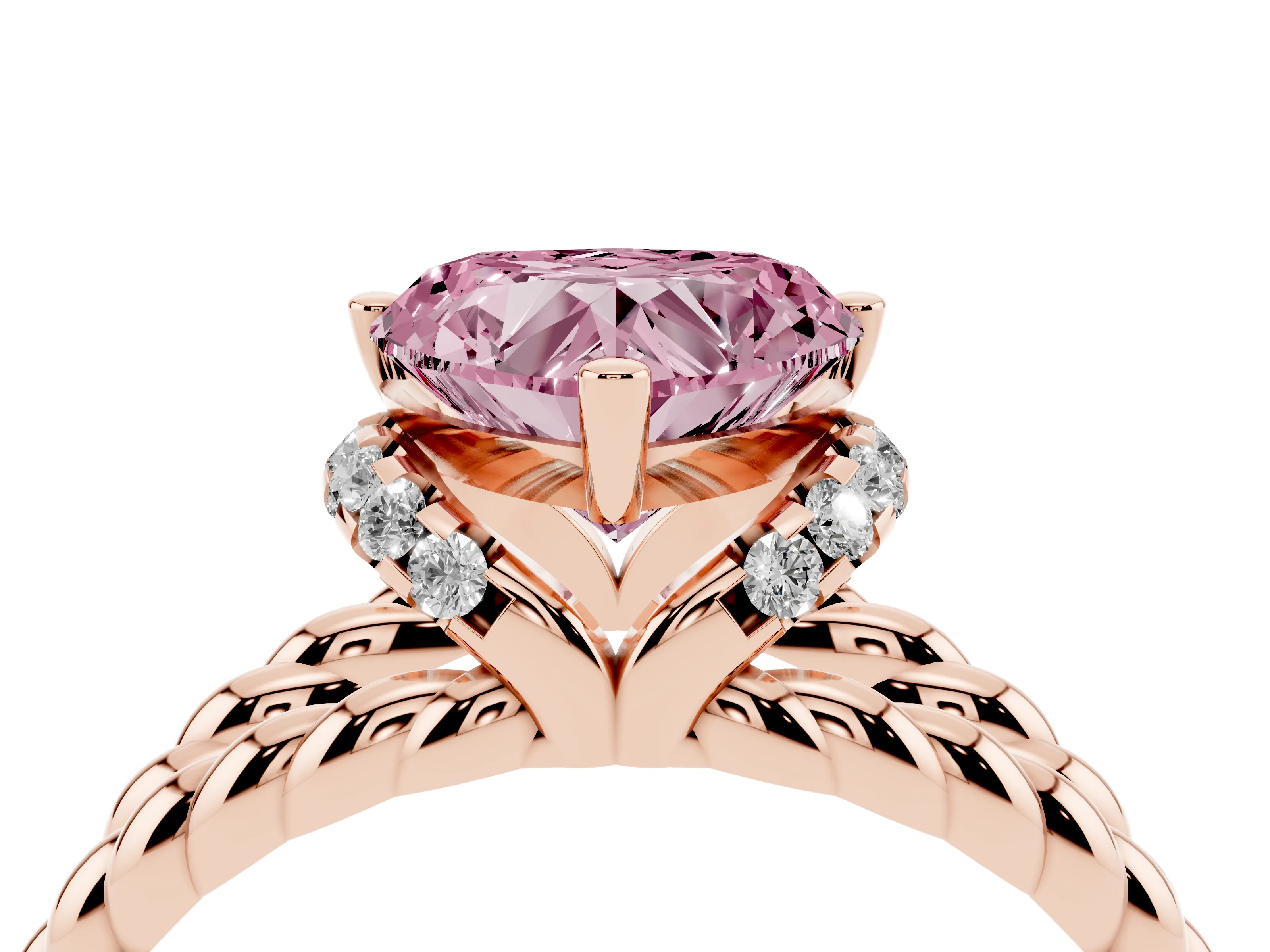 Fancy Pink Heart Cut Diamond Halo Ring Set in Rose gold with Twisted Band and Prong Setting