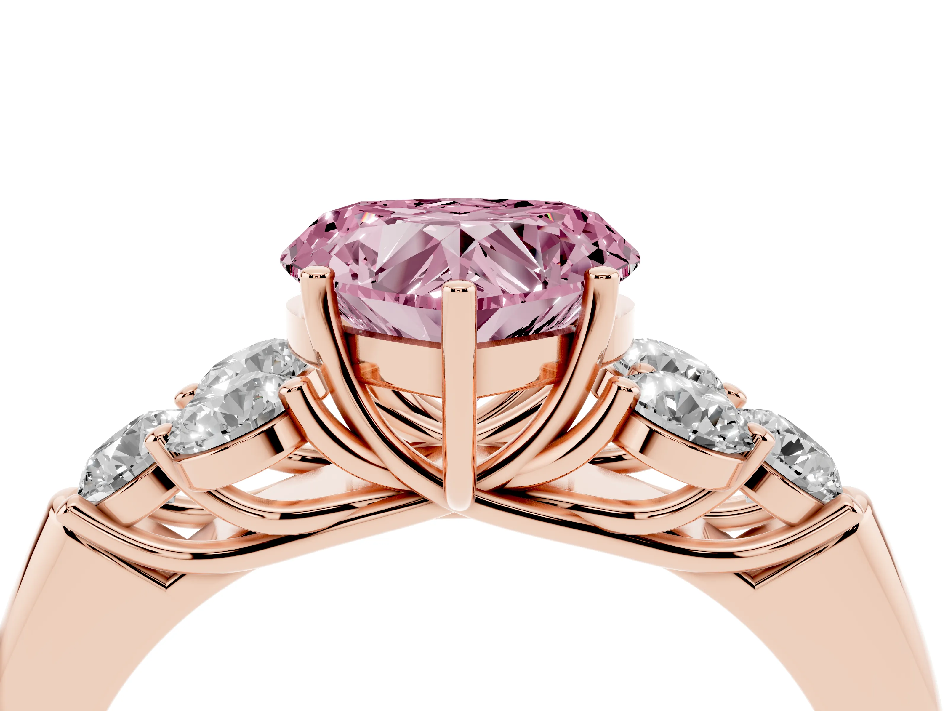 Fancy Pink Heart Cut Diamond Cluster Ring Set in Rose gold with Round Accent Stones and Prong Setting on a Plain Band