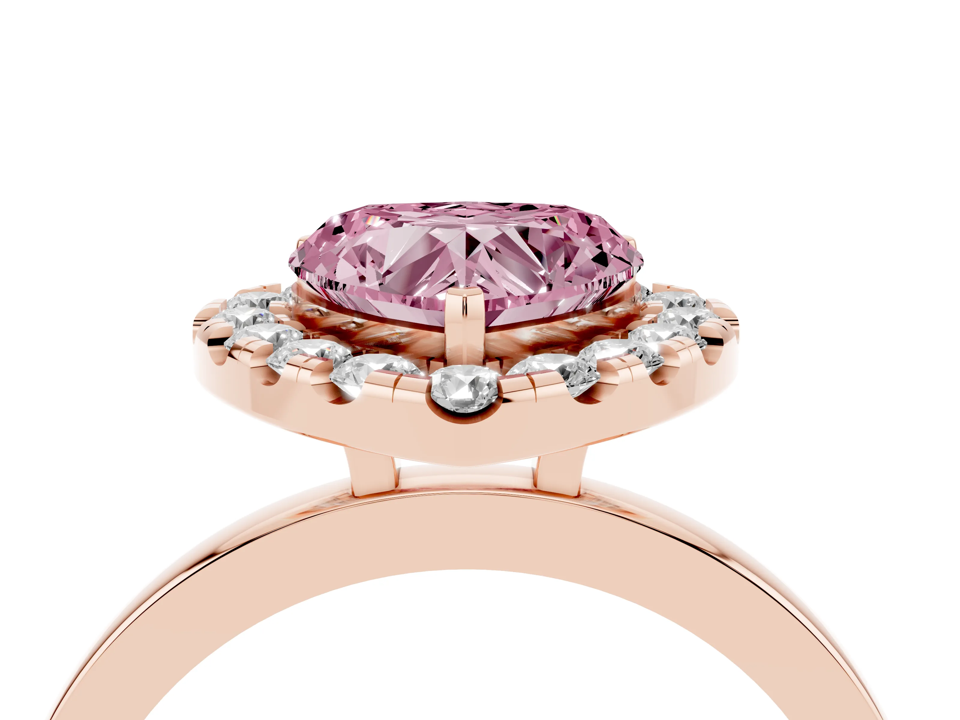 Fancy Pink Heart Cut Diamond Halo Solitaire Ring Set in Rose gold with Pavé Band and Prong Setting