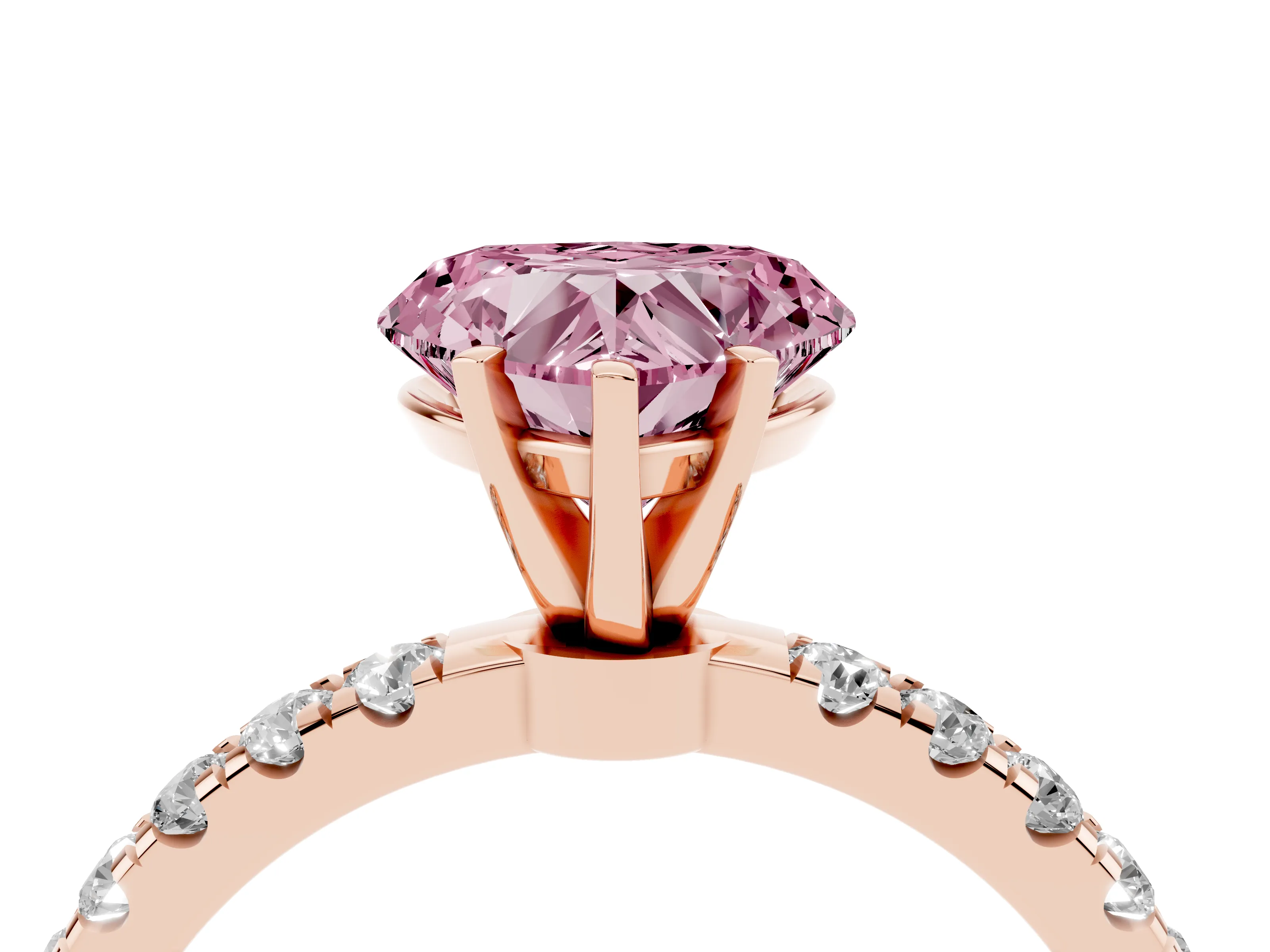 Fancy Pink Heart Cut Diamond Solitaire Ring Set in Rose gold with Pavé Accents and Prong Setting