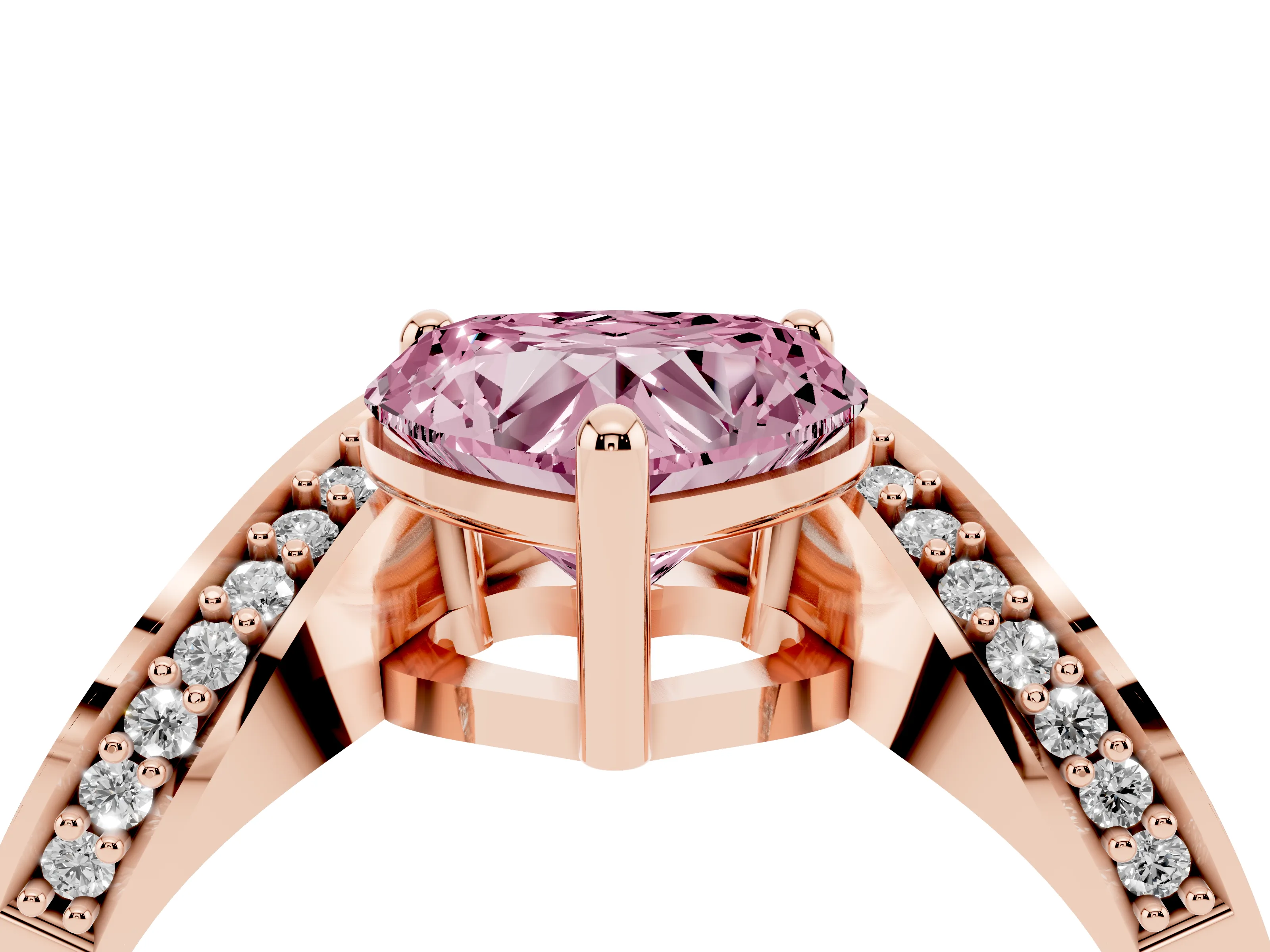 Fancy Pink Heart Cut Diamond Solitaire Engagement Ring Set in Rose gold with Pavé Shoulders
