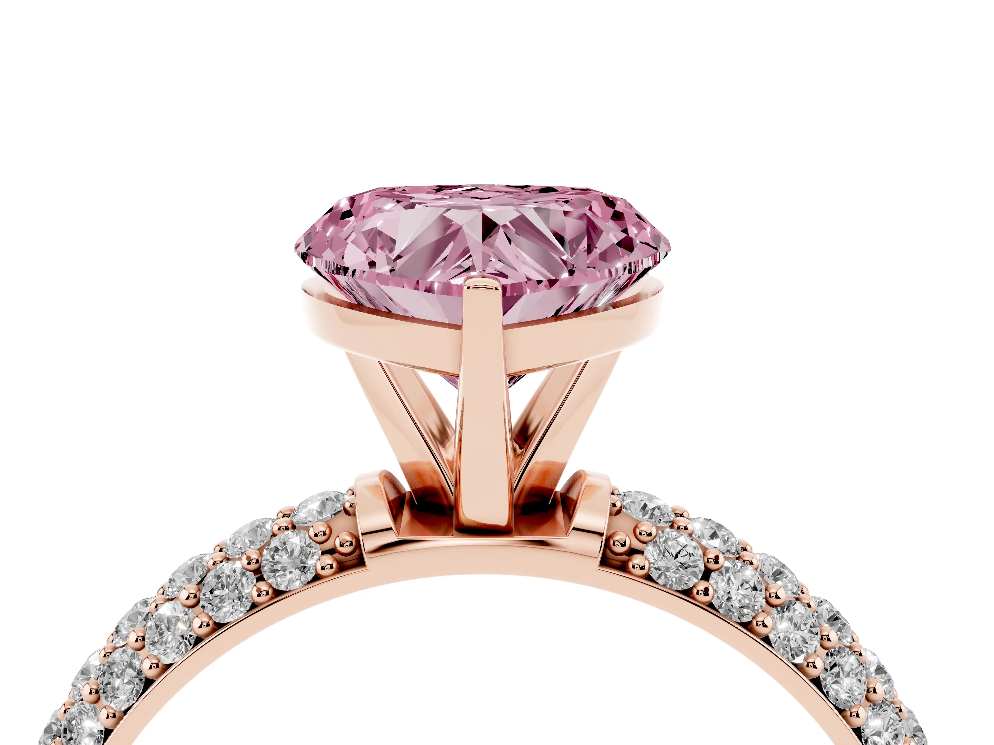 Fancy Pink Heart Cut Diamond Solitaire Ring Set in Rose gold with Prong Setting and Pavé-Set Band