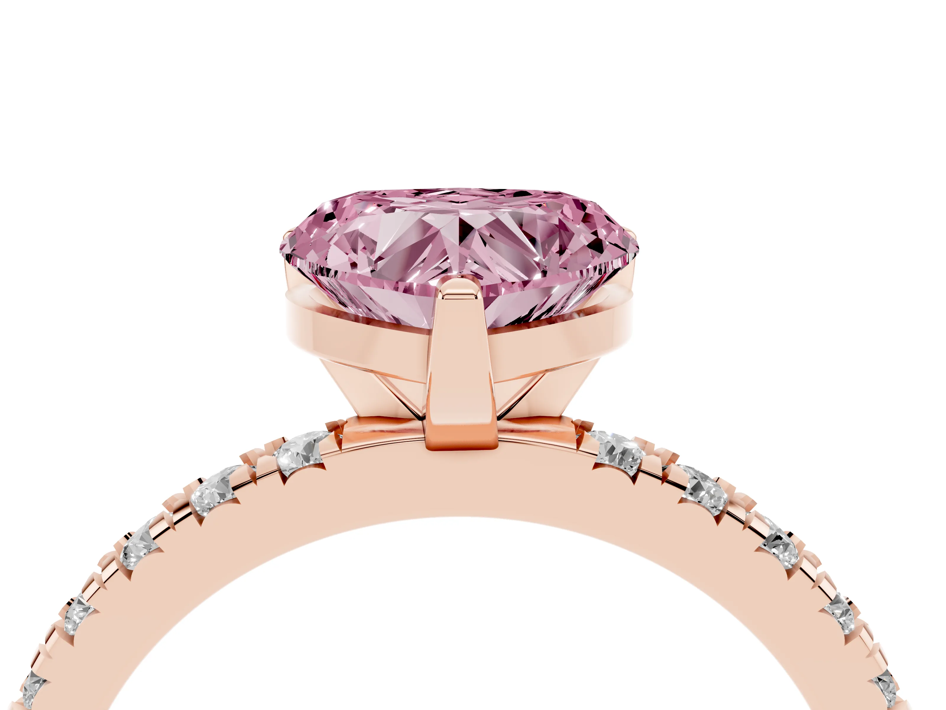 Fancy Pink Heart Cut Diamond Pavé Band Solitaire Set in Rose gold with Prong Setting