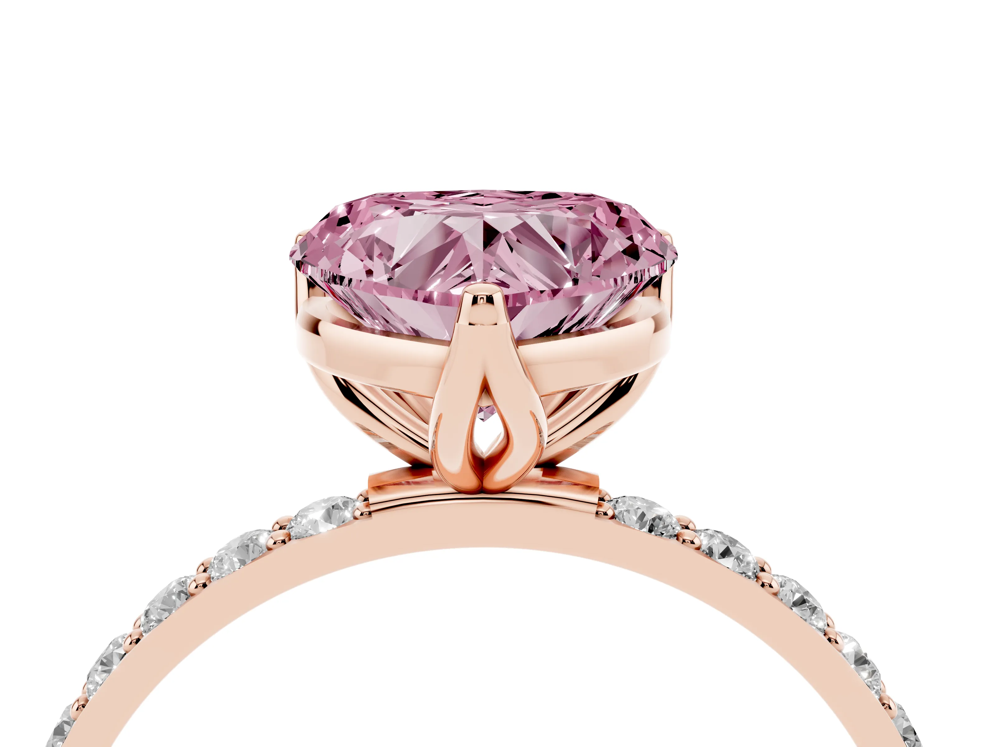Fancy Pink Heart Cut Diamond Solitaire Engagement Ring Set in Rose gold with Round Pavé Band and Prong Setting