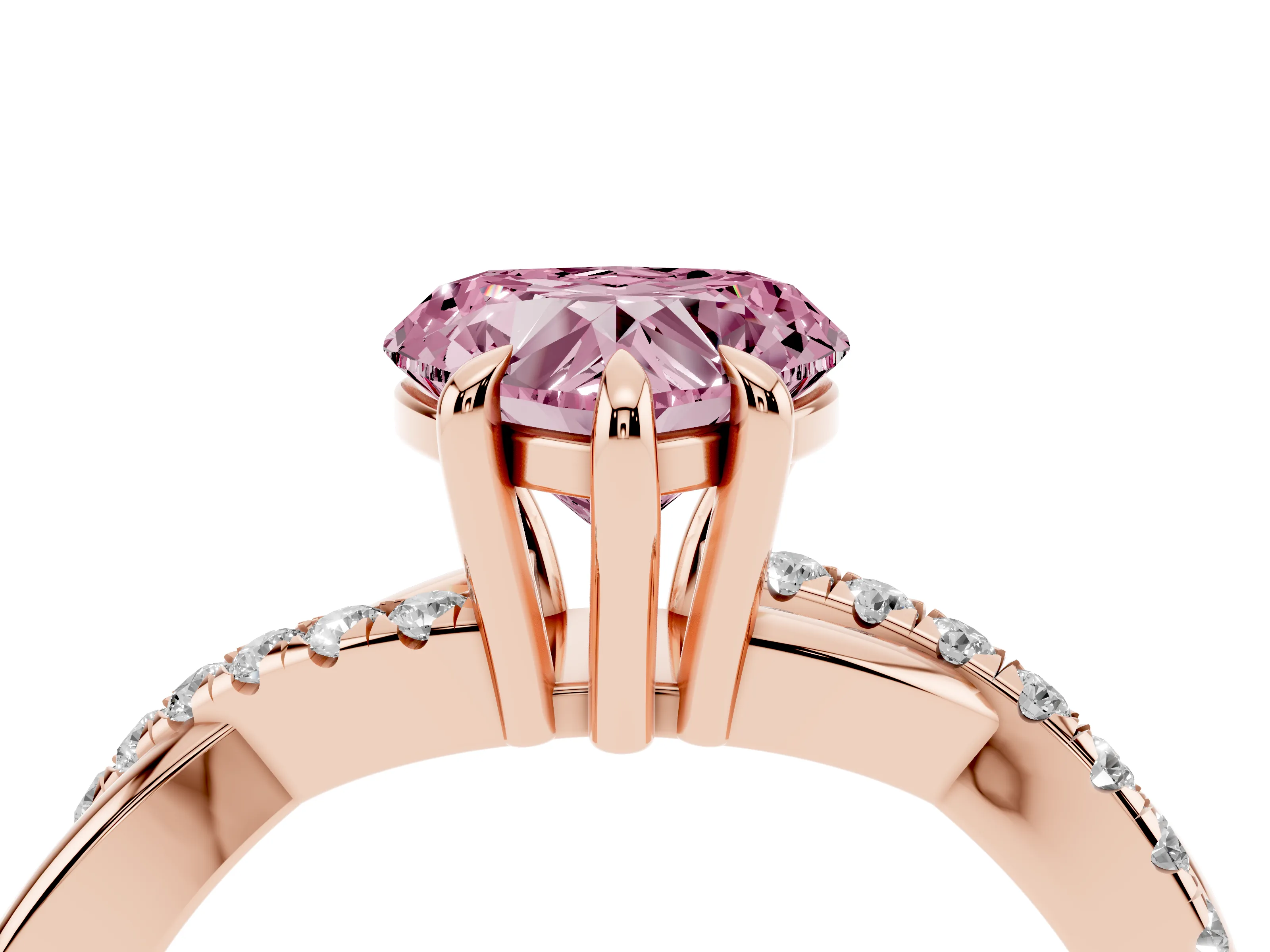 Fancy Pink Heart Cut Diamond Twist Band Solitaire Set in Rose gold with Pavé Accents and Prong Setting