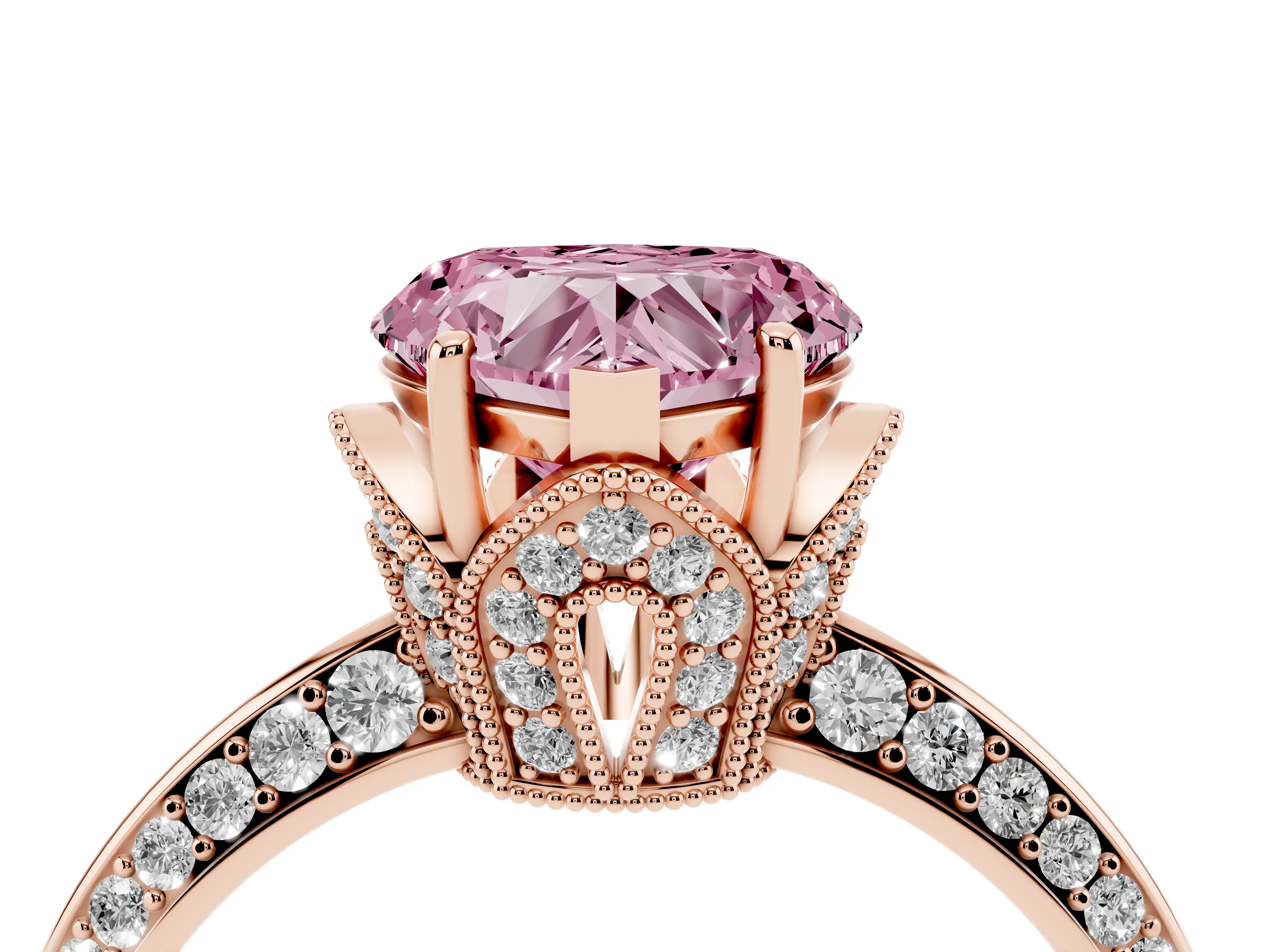 Fancy Pink Heart Cut Diamond Solitaire Engagement Ring Set in Rose gold with Pavé Split Shank and Prong Setting