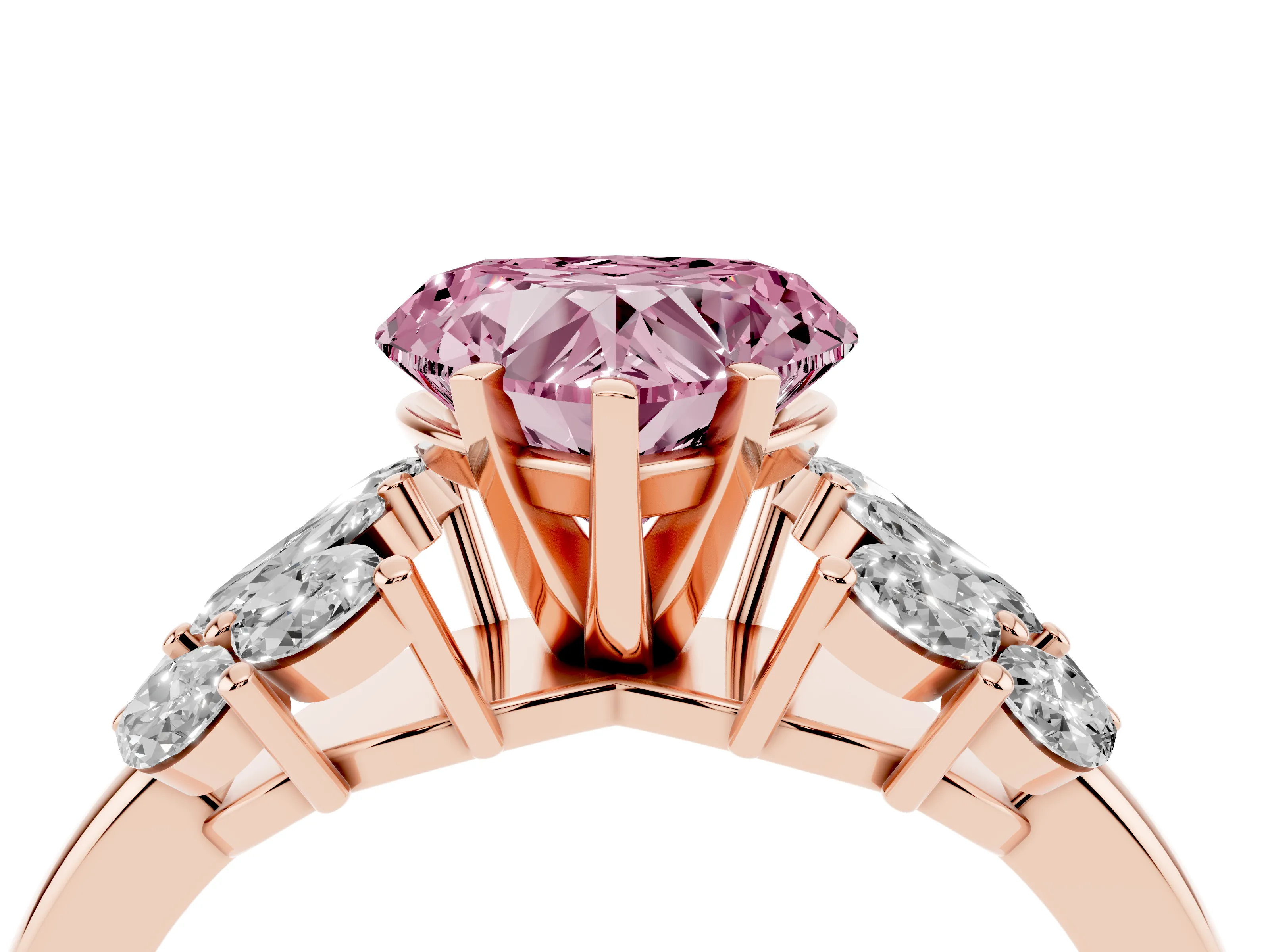 Fancy Pink Heart Cut Diamond Cluster Leaf Design Ring Set in Rose gold with Prong Setting