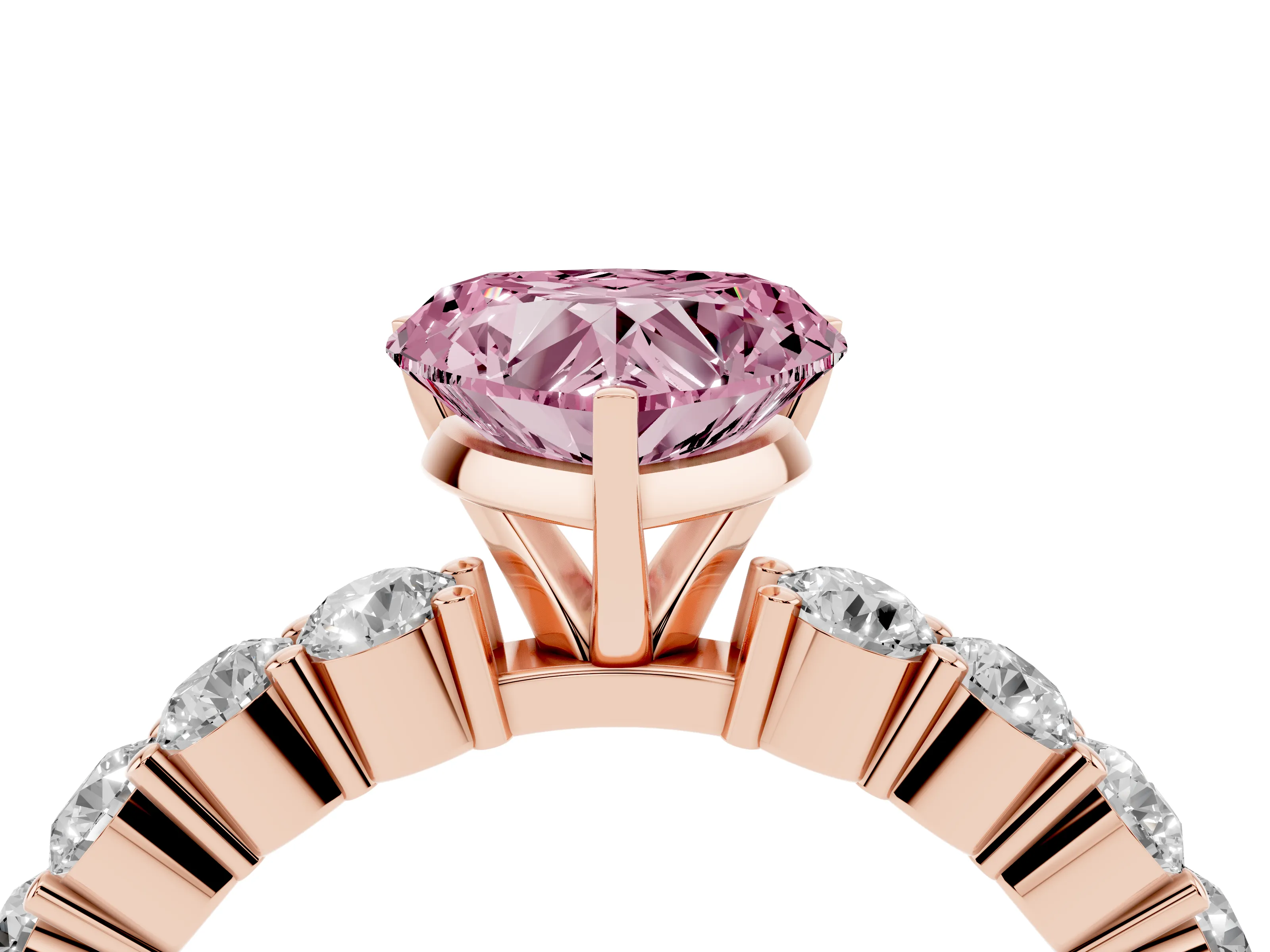 Fancy Pink Heart Cut Diamond Solitaire Ring Set in Rose gold with Shared Prong Round Side Stones