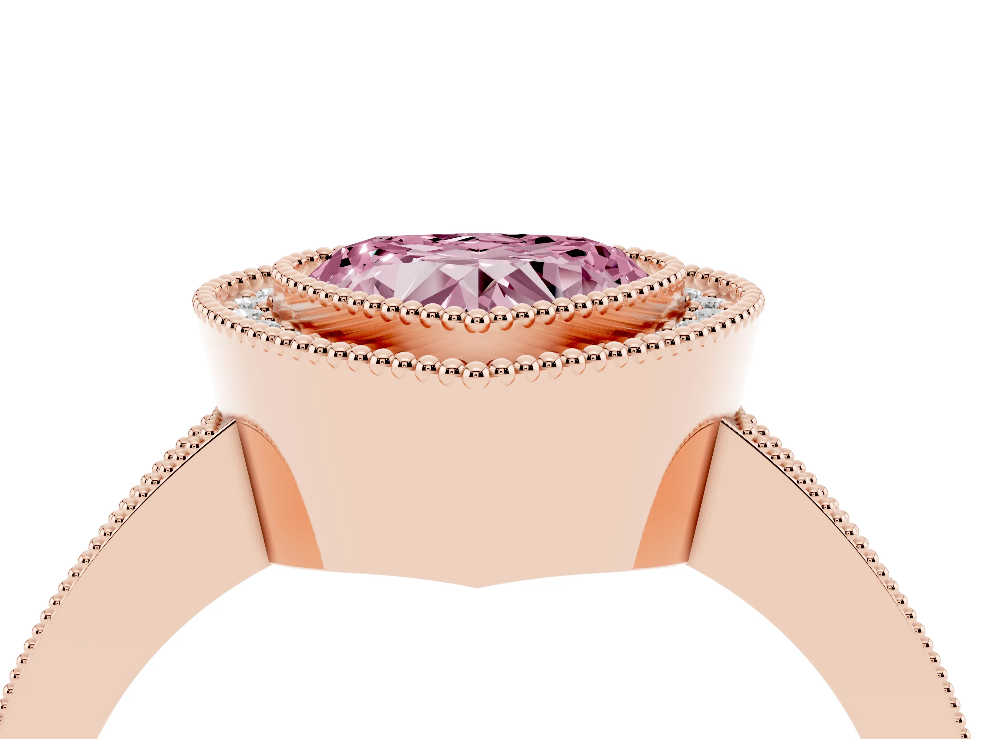 Fancy Pink Heart Cut Diamond Halo Engagement Ring Set in Rose gold with Pavé Band and Round Halo Stones