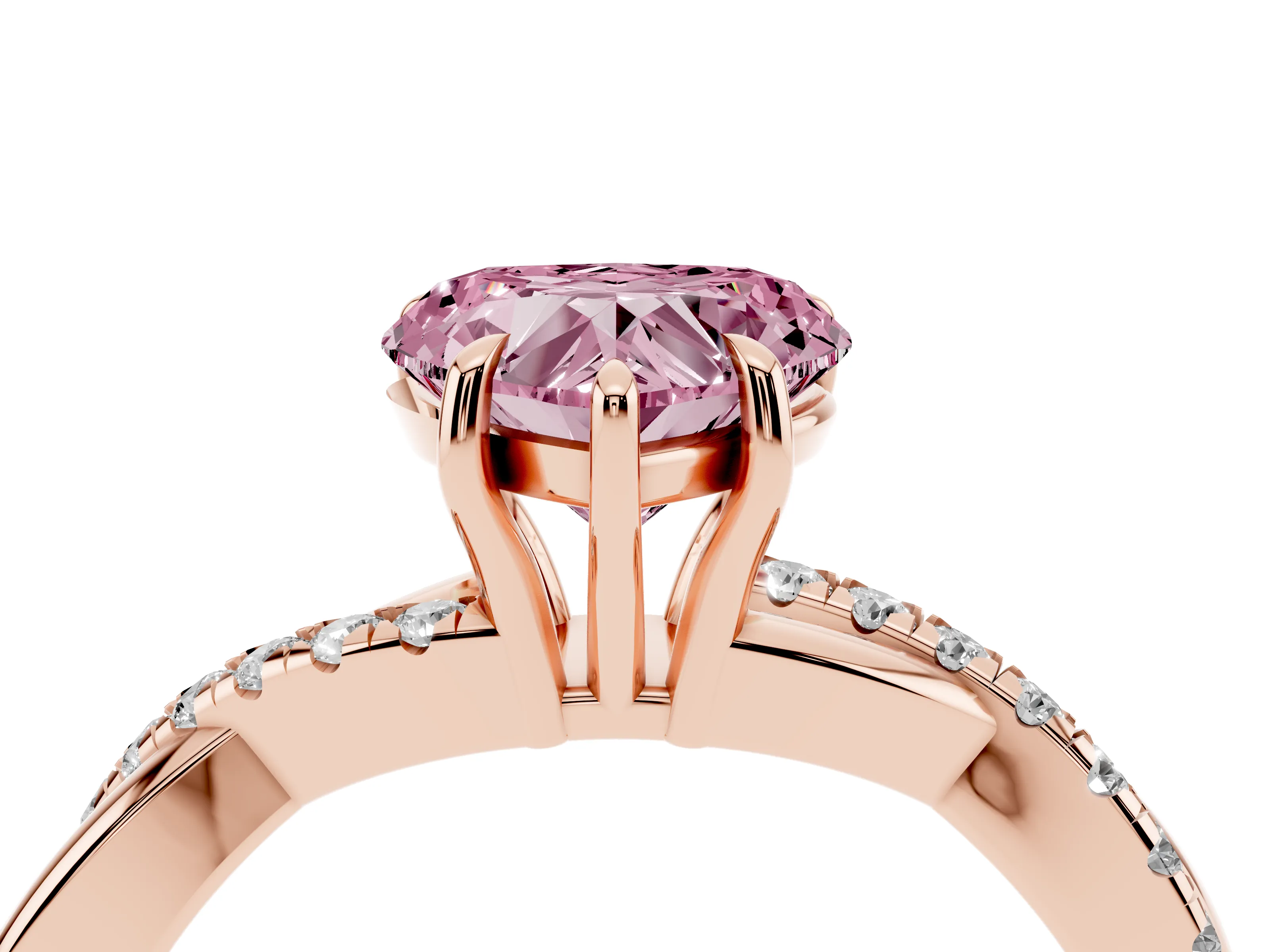 Fancy Pink Heart Cut Diamond Twisted Pavé Band Ring Set in Rose gold with Prong Setting