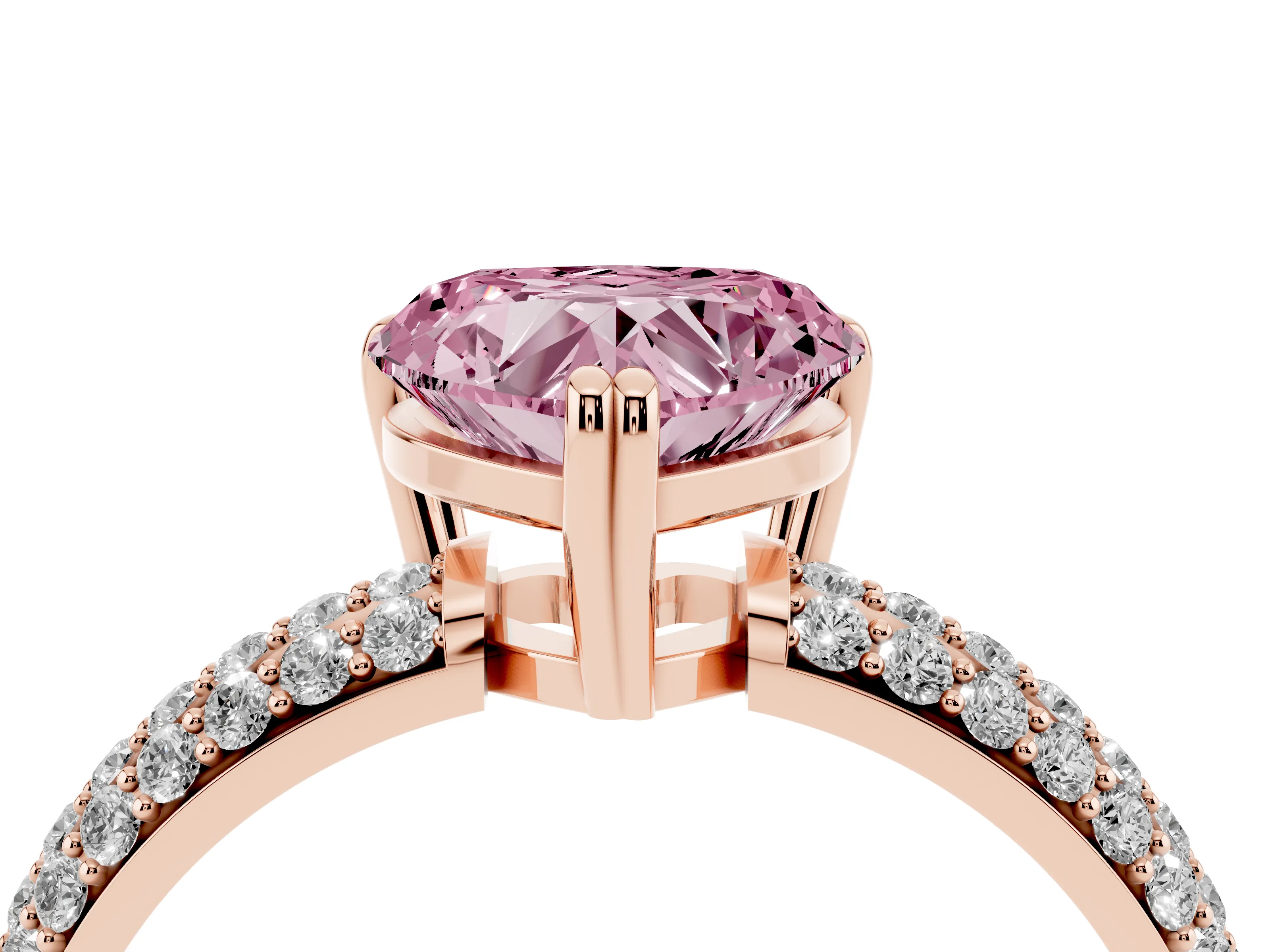 Fancy Pink Heart Cut Diamond Solitaire Ring Set in Rose gold with Multi-Row Round Pavé Band and Prong Setting