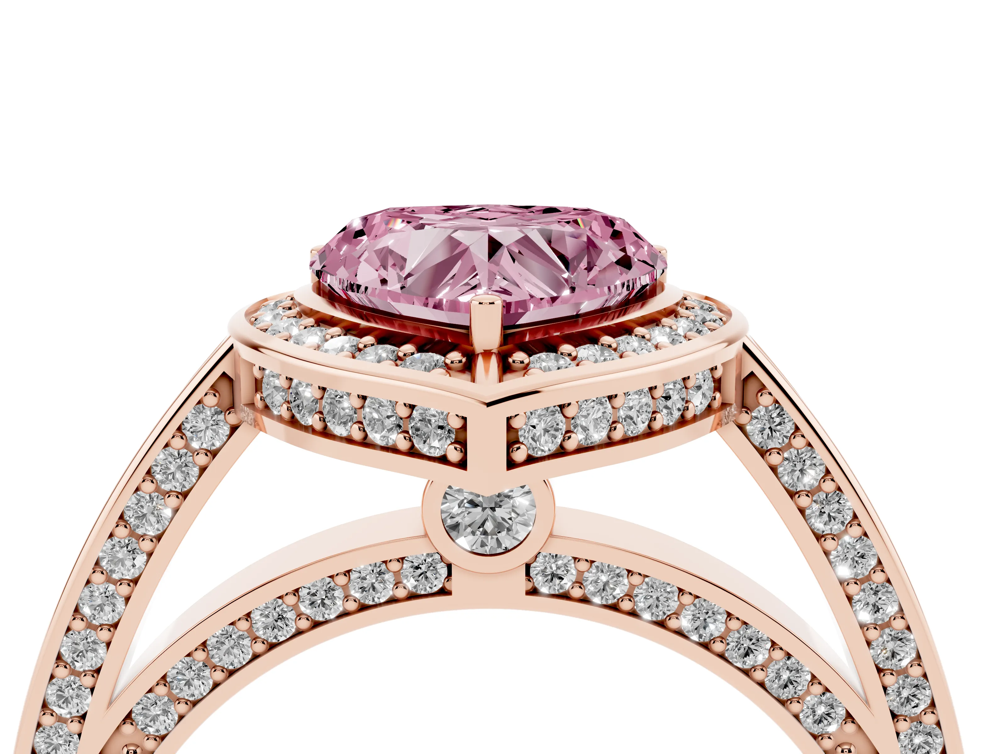 Fancy Pink Heart Cut Diamond Halo Pavé Split Shank Ring Set in Rose gold with Prong Setting