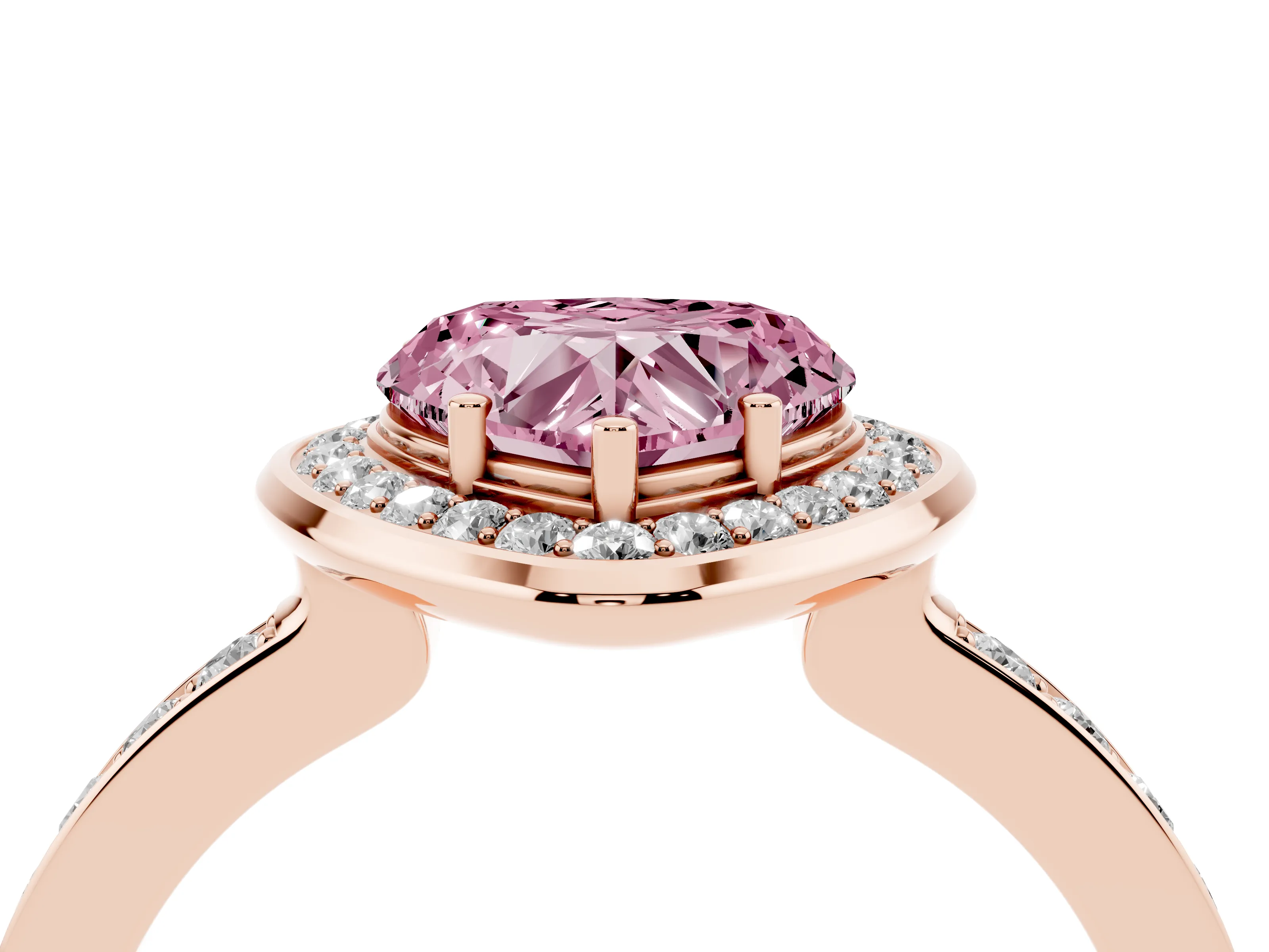 Fancy Pink Heart Cut Diamond Halo Ring Set in Rose gold with Bezel Frame and Pavé Band