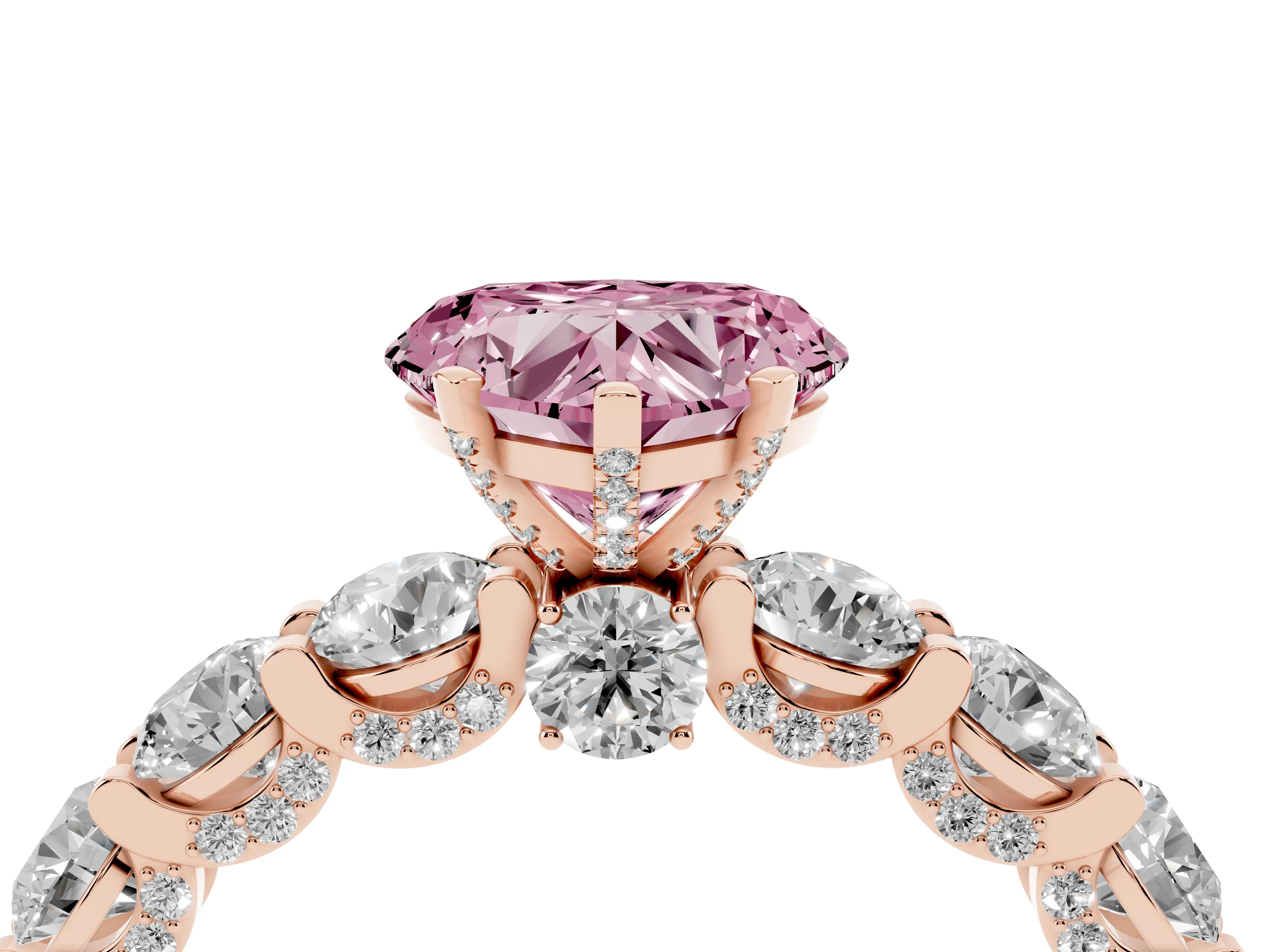 Fancy Pink Heart Cut Diamond Side Stone Ring Set in Rose gold with Alternating Round and Oval Side Stones
