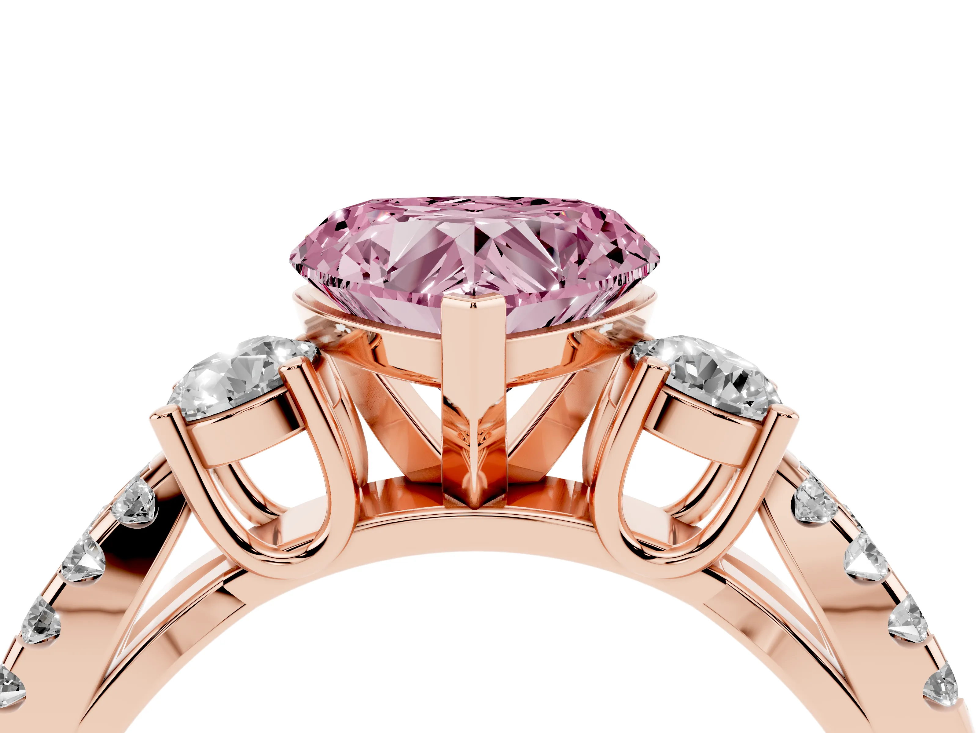 Fancy Pink Heart Cut Diamond Three-Stone Ring Set in Rose gold with Pavé Split Shank and Prong Setting