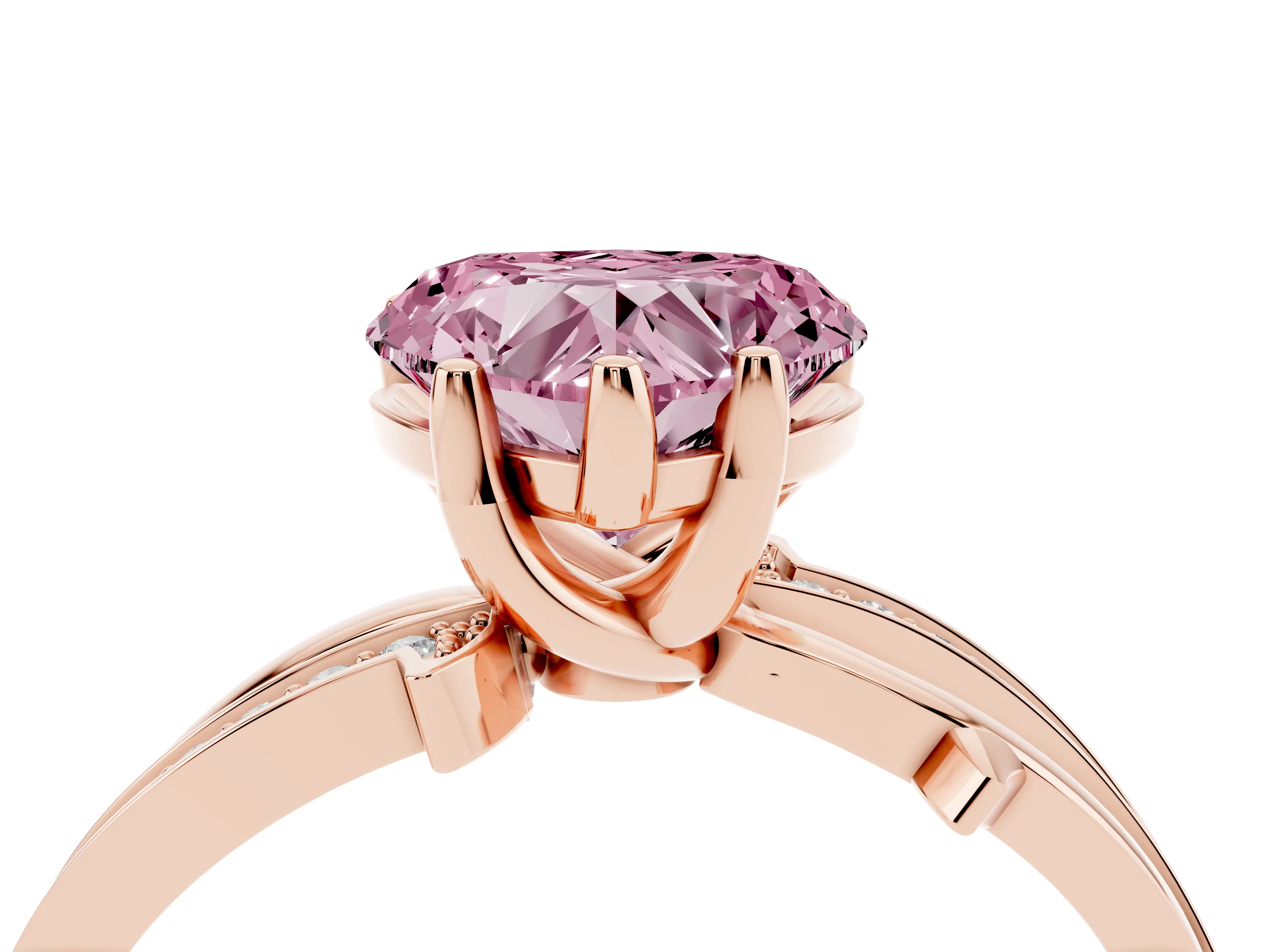 Fancy Pink Heart Cut Diamond Pavé Twist Band Solitaire Ring Set in Rose gold with Prong Setting