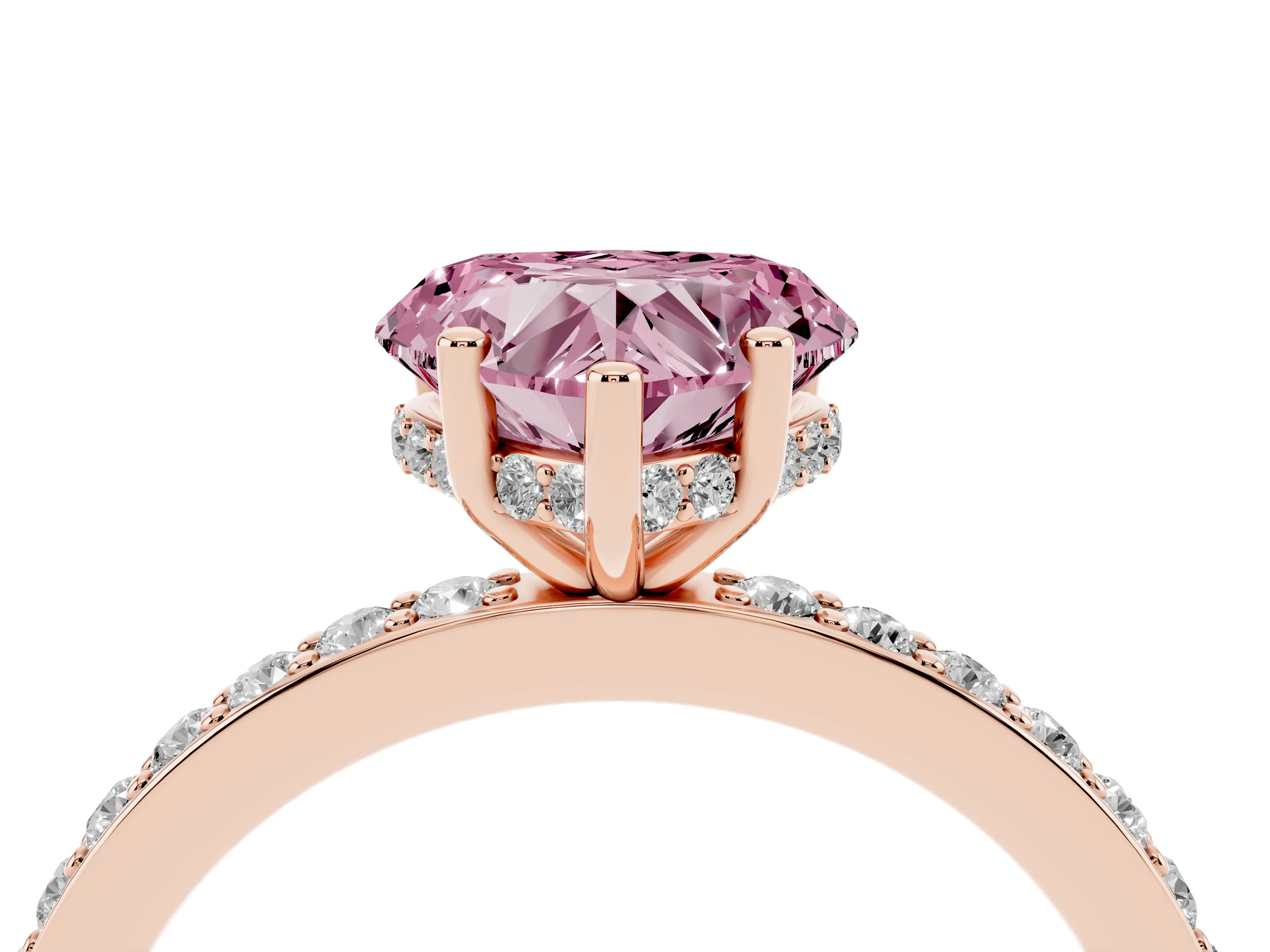 Fancy Pink Heart Cut Diamond Pavé Band Ring Set in Rose gold with Prong-Set Center Stone