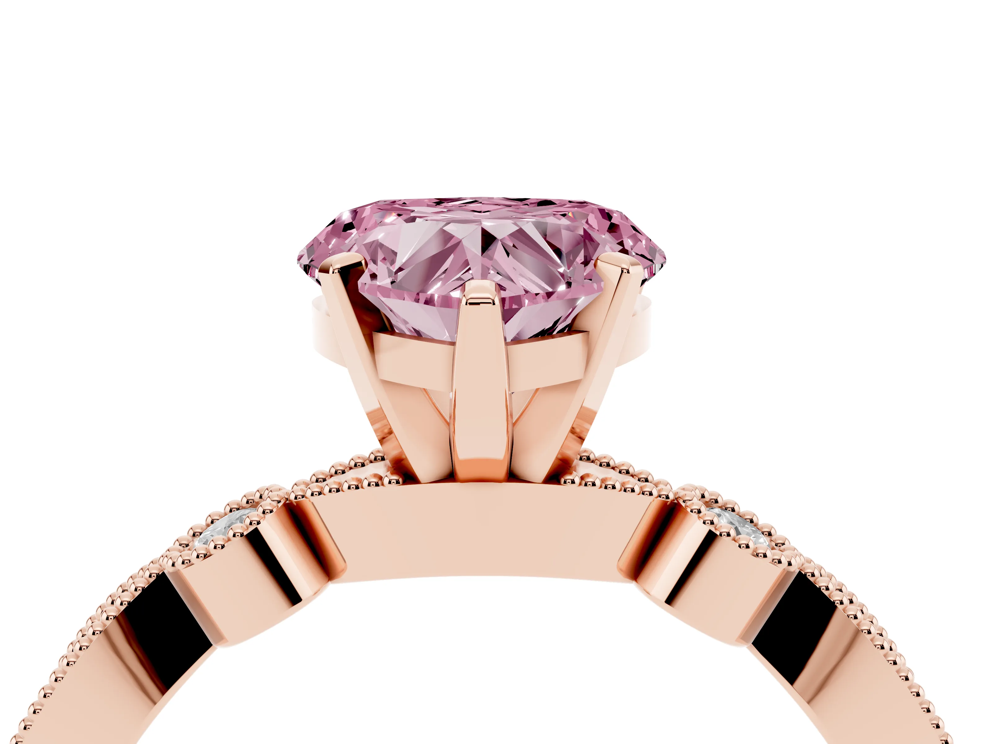 Fancy Pink Heart Cut Diamond Solitaire Engagement Ring Set in Rose gold with Milgrain Bezel Accent Band