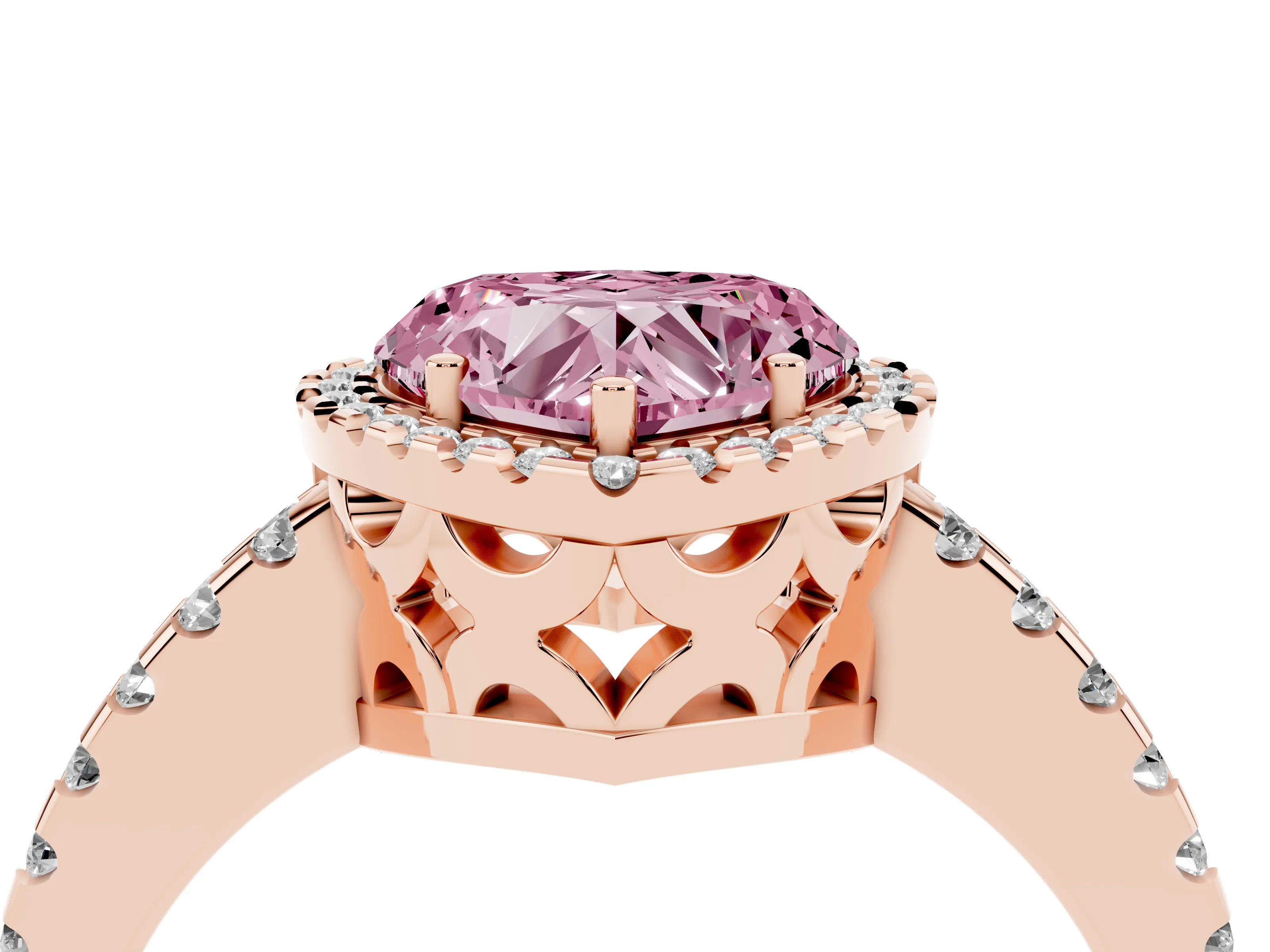 Fancy Pink Heart Cut Diamond Halo Ring Set in Rose gold with Pavé Shoulders and Halo-Framed Center