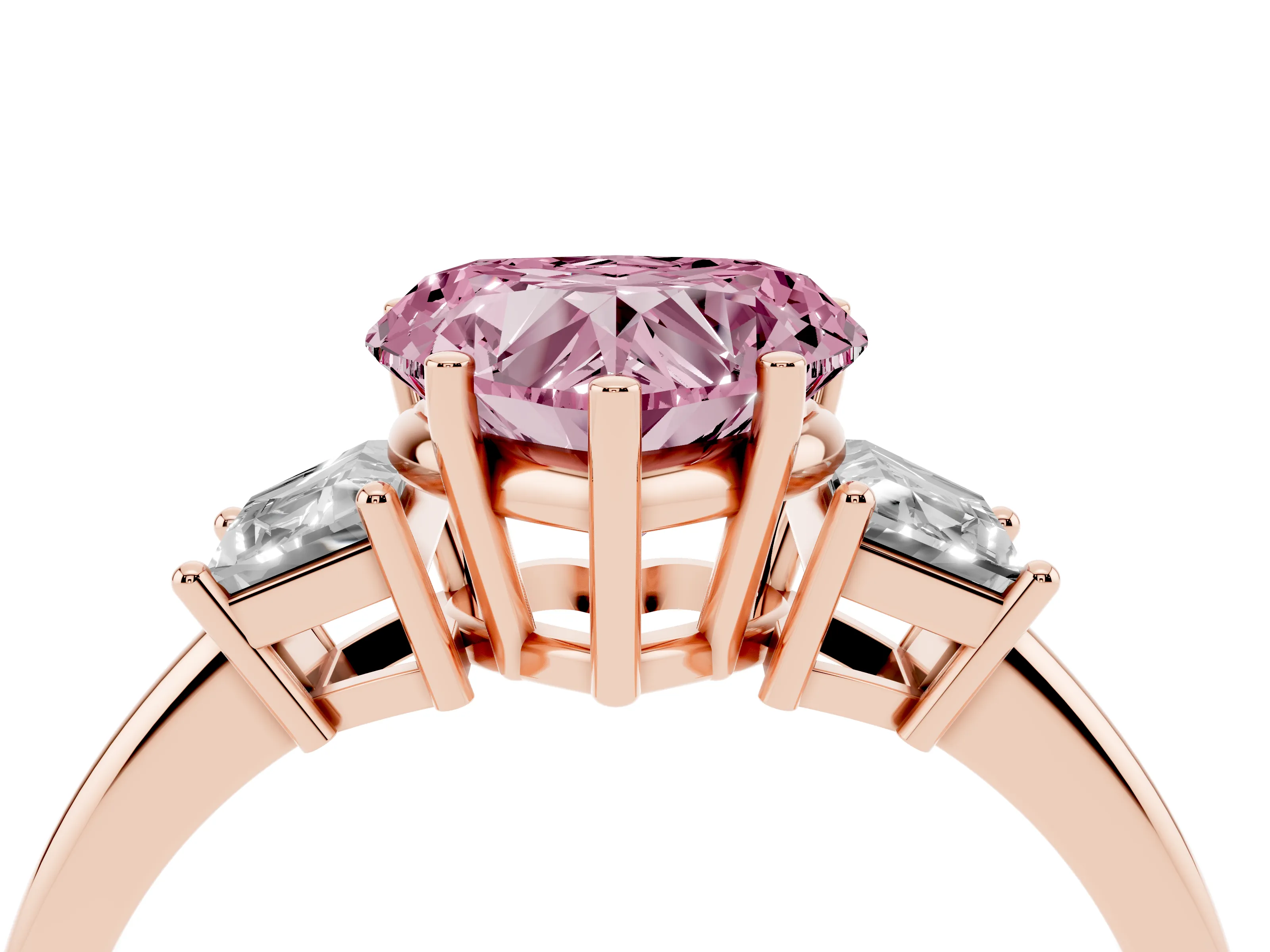 Fancy Pink Heart Cut Diamond Three-Stone Ring Set in Rose gold with Trapezoid Side Stones and Prong Setting
