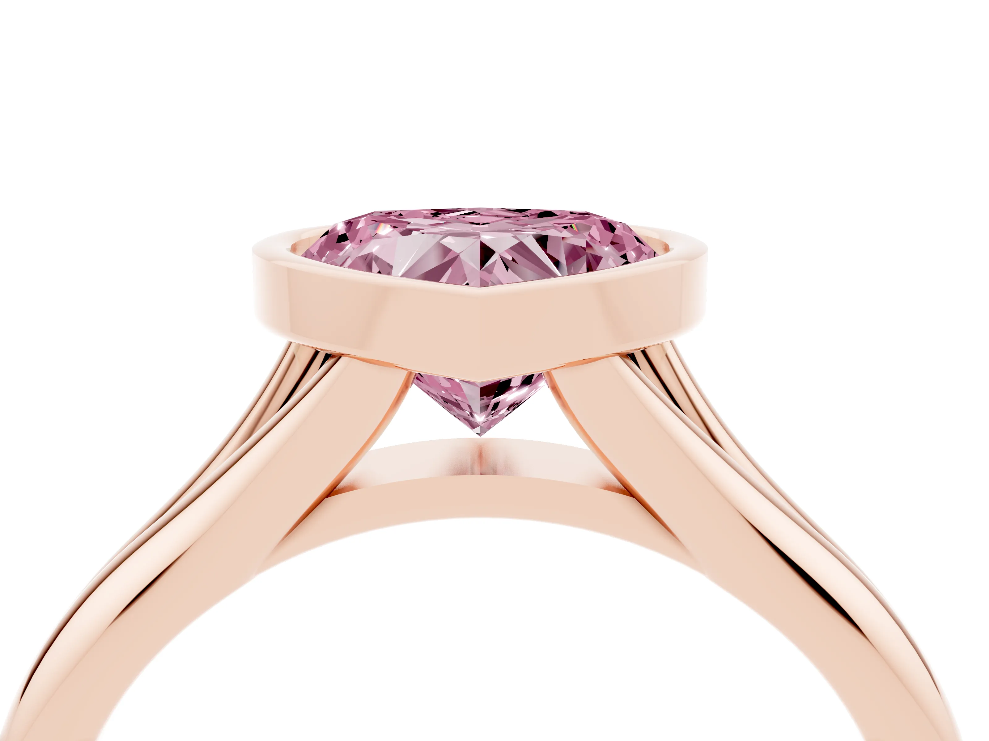 Fancy Pink Bezel Set Heart Cut Diamond Solitaire Ring Set in Rose gold with Smooth Band