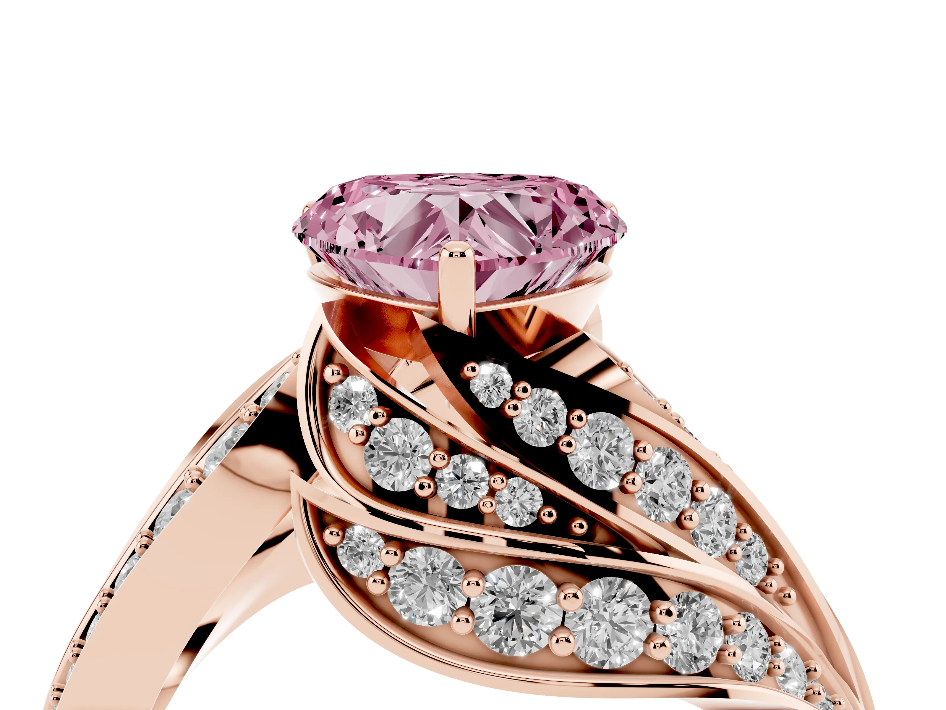 Fancy Pink Heart Cut Diamond Solitaire Ring Set in Rose gold with Layered Twist Pavé Band