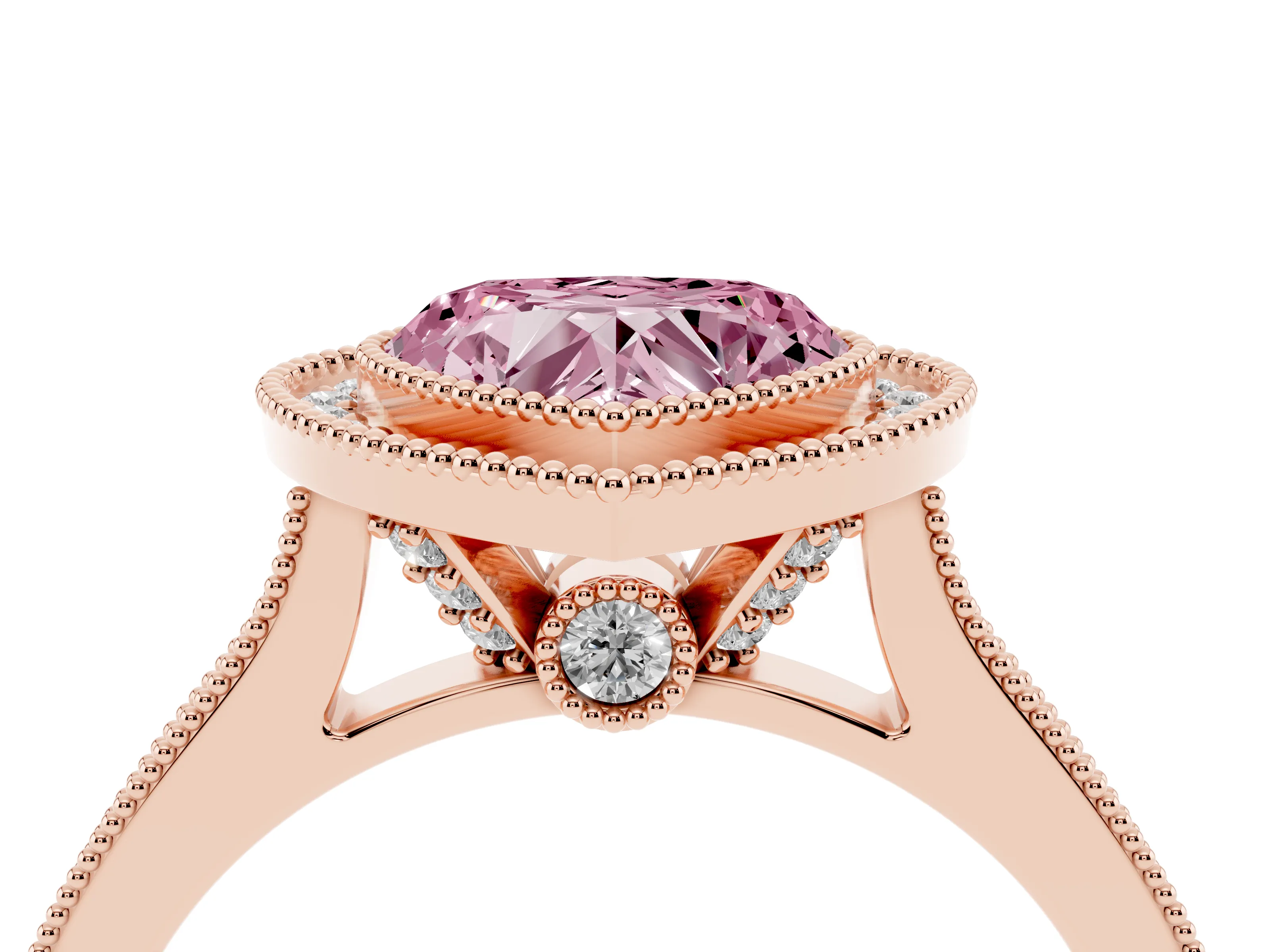 Fancy Pink Heart Cut Diamond Halo Milgrain Pavé Band Ring Set in Rose gold with Prong Setting