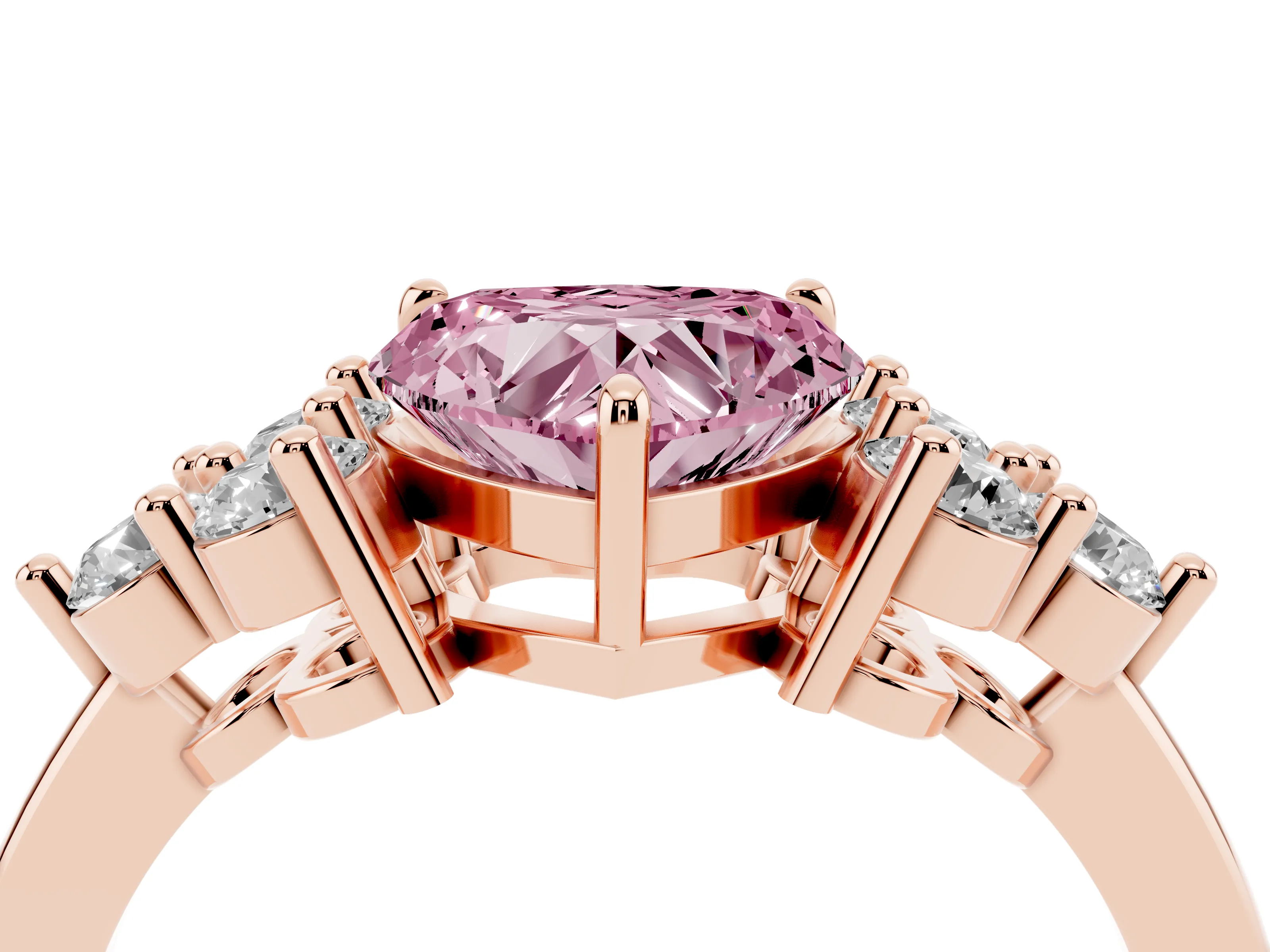 Fancy Pink Heart Cut Diamond Solitaire Ring Set in Rose gold with Cluster Accents on Each Side