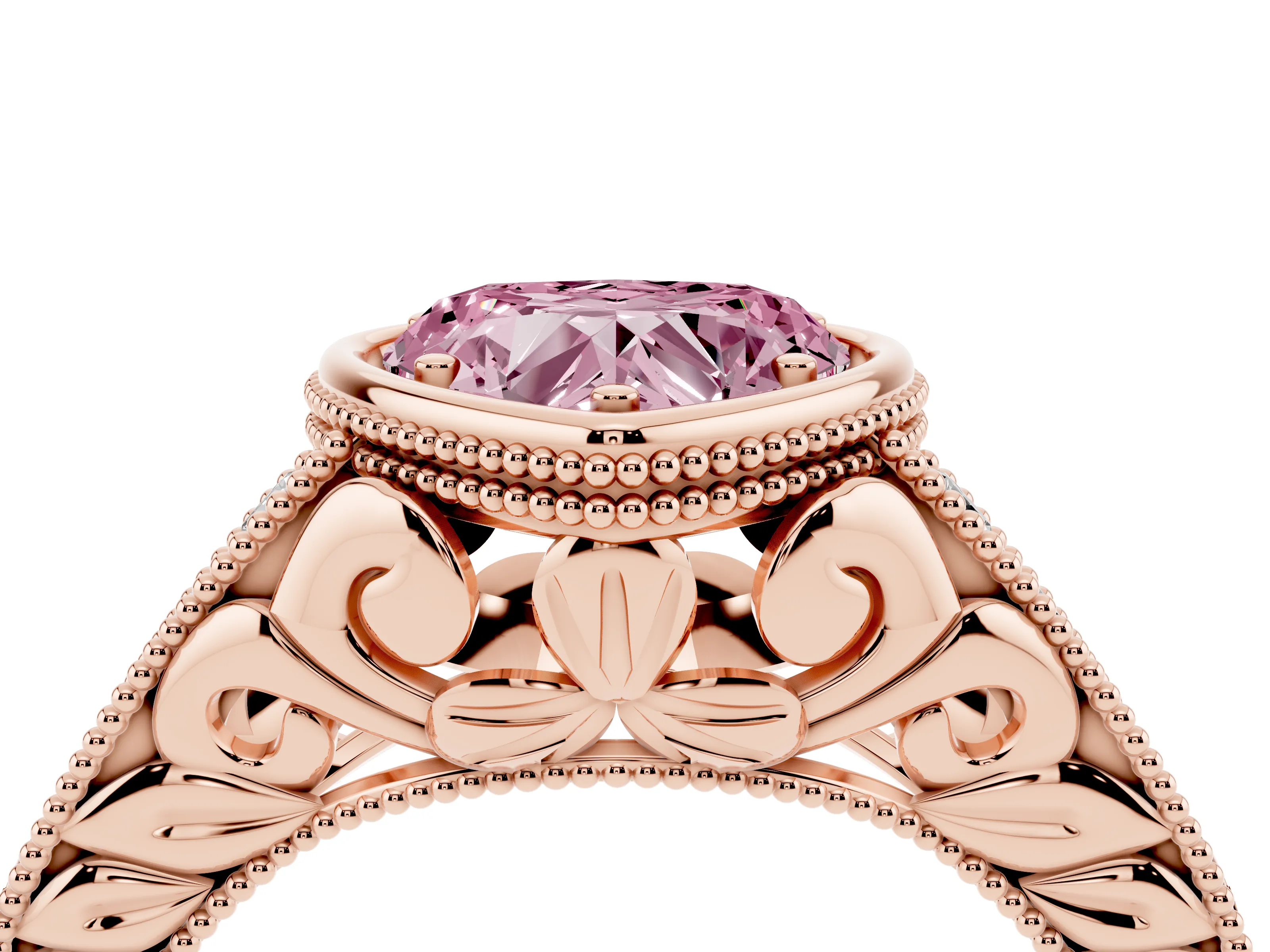 Fancy Pink Bezel Set Heart Cut Diamond Milgrain Pavé Engagement Ring Set in Rose gold