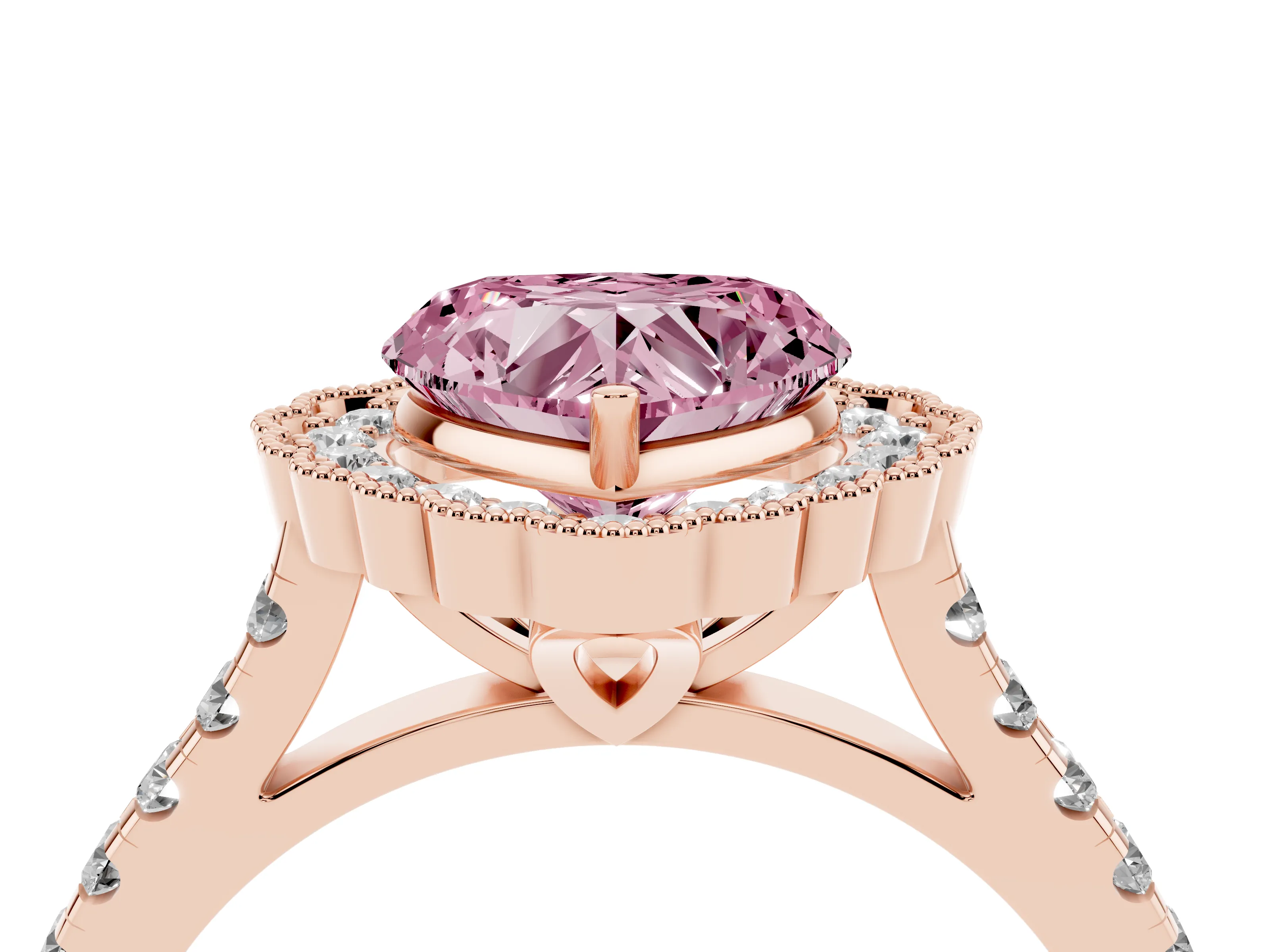 Fancy Pink Heart Cut Diamond Milgrain Floral Halo Engagement Ring Set in Rose gold with Pavé Band