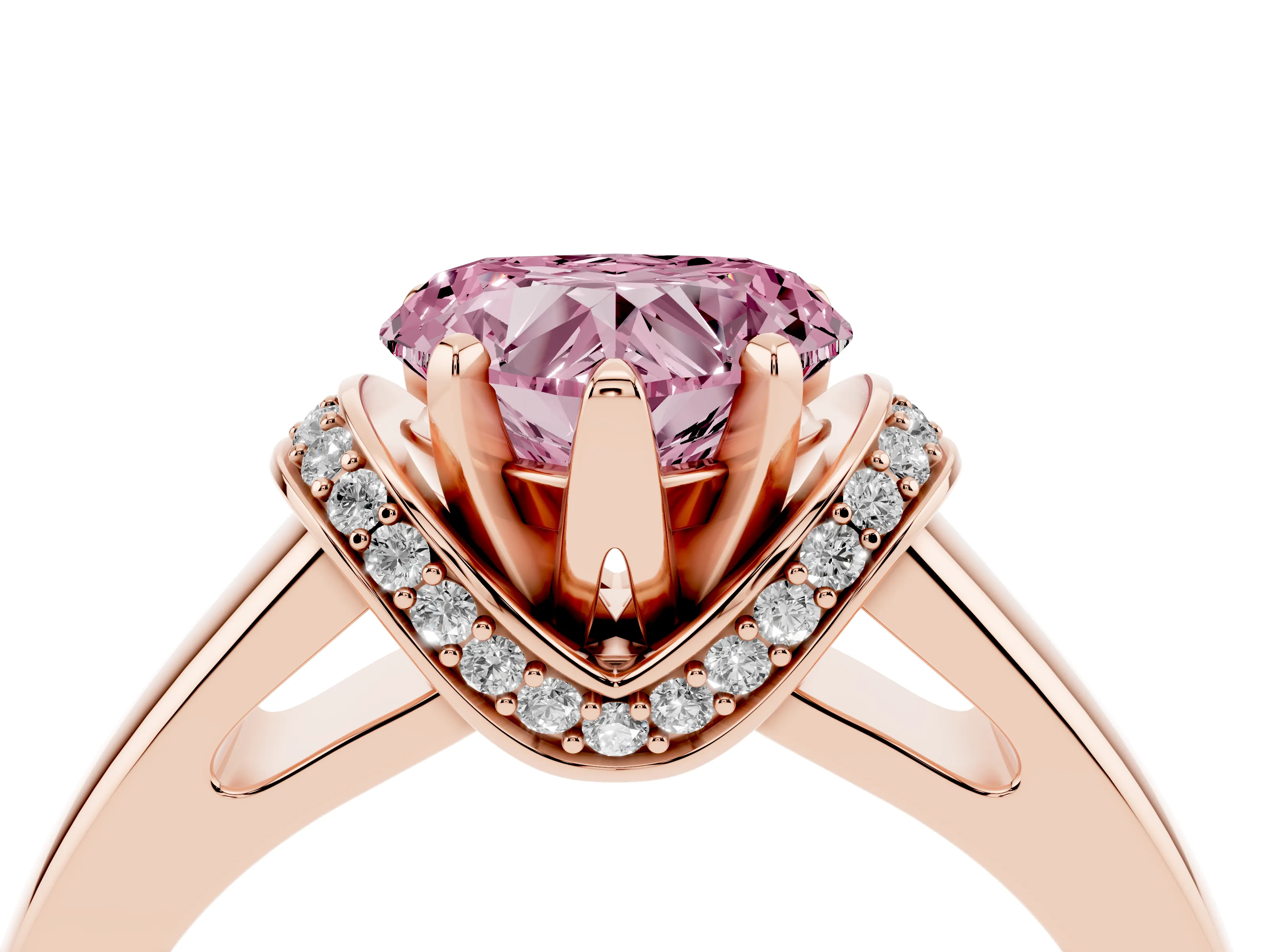 Fancy Pink Heart Cut Diamond Pavé Band Solitaire Ring Set in Rose gold with Prong Setting