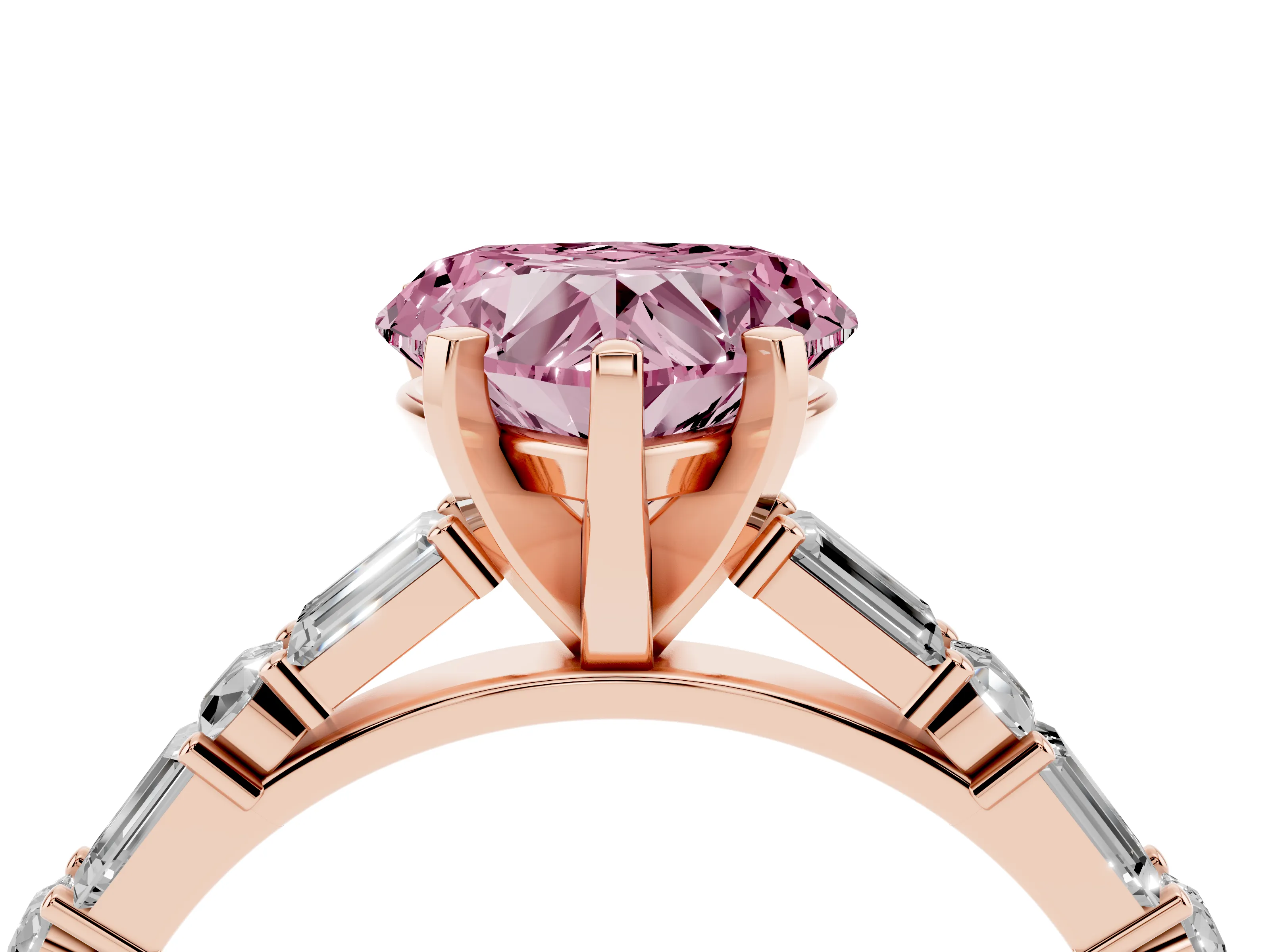 Fancy Pink Heart Cut Diamond Solitaire Set in Rose gold with Side Baguettes and Channel Set Band