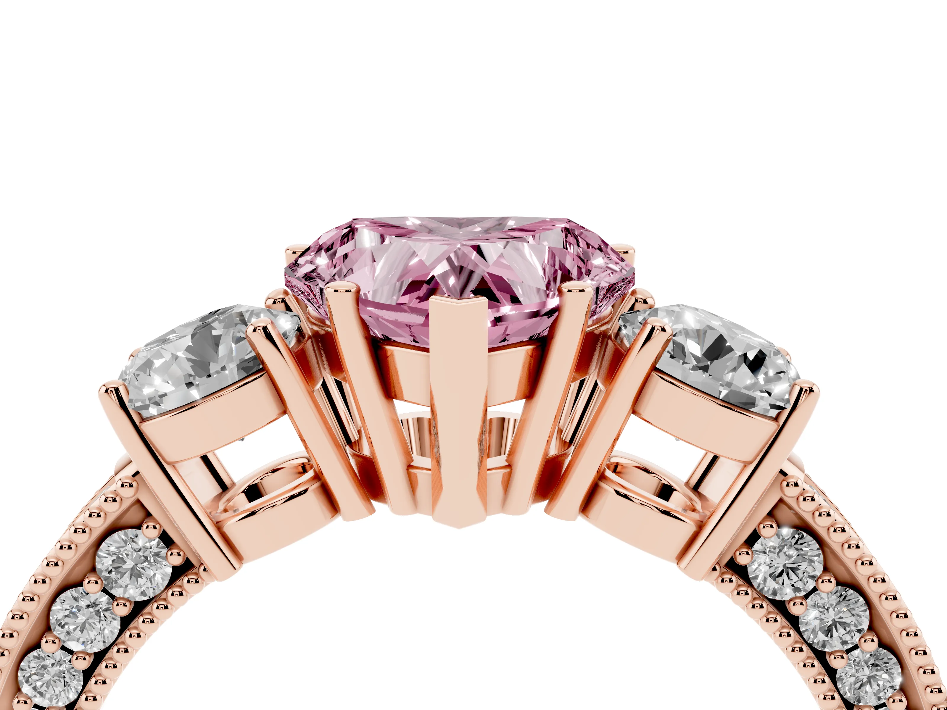 Fancy Pink Heart Cut Diamond Three-Stone Ring Set in Rose gold with Round Side Stones and Pavé Band
