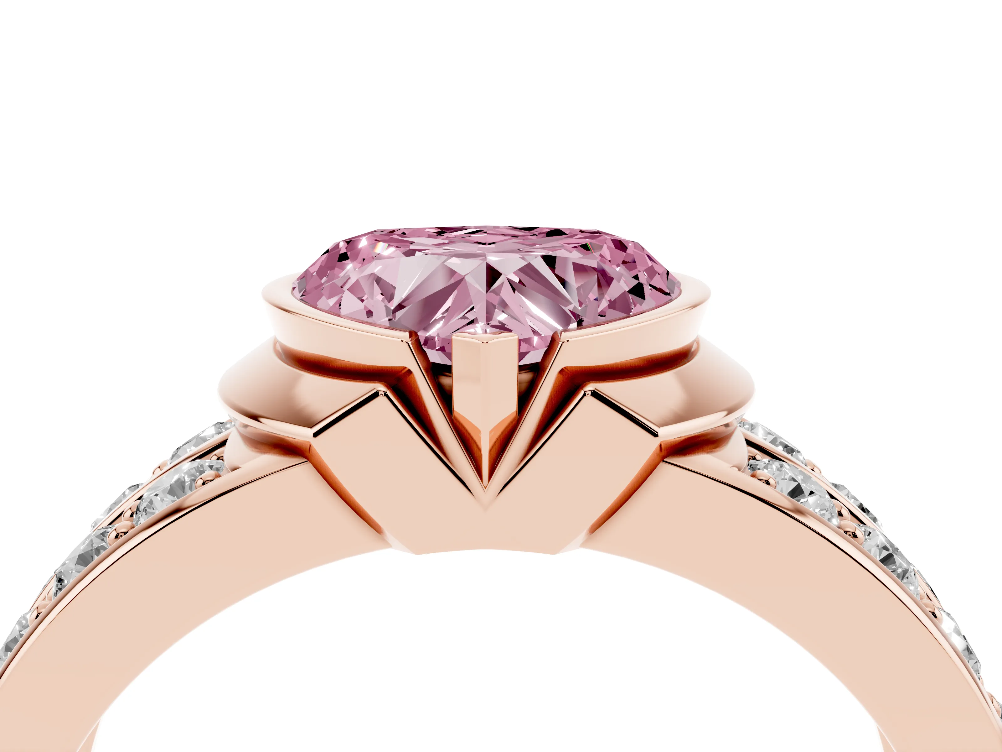Fancy Pink Heart Cut Diamond Wide Channel Set Band Ring Set in Rose gold with Bezel Setting