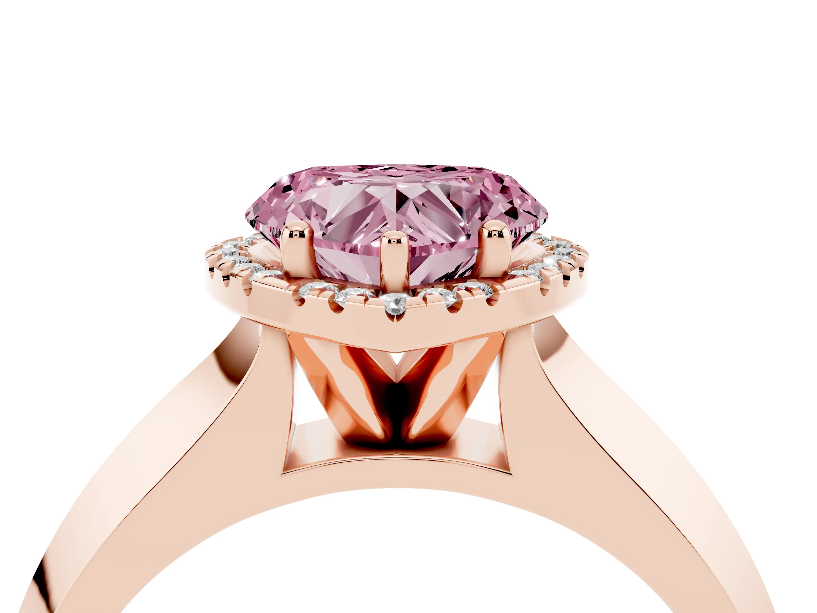 Fancy Pink Heart Cut Diamond Halo Ring Set in Rose gold with Cathedral Band and Prong Setting