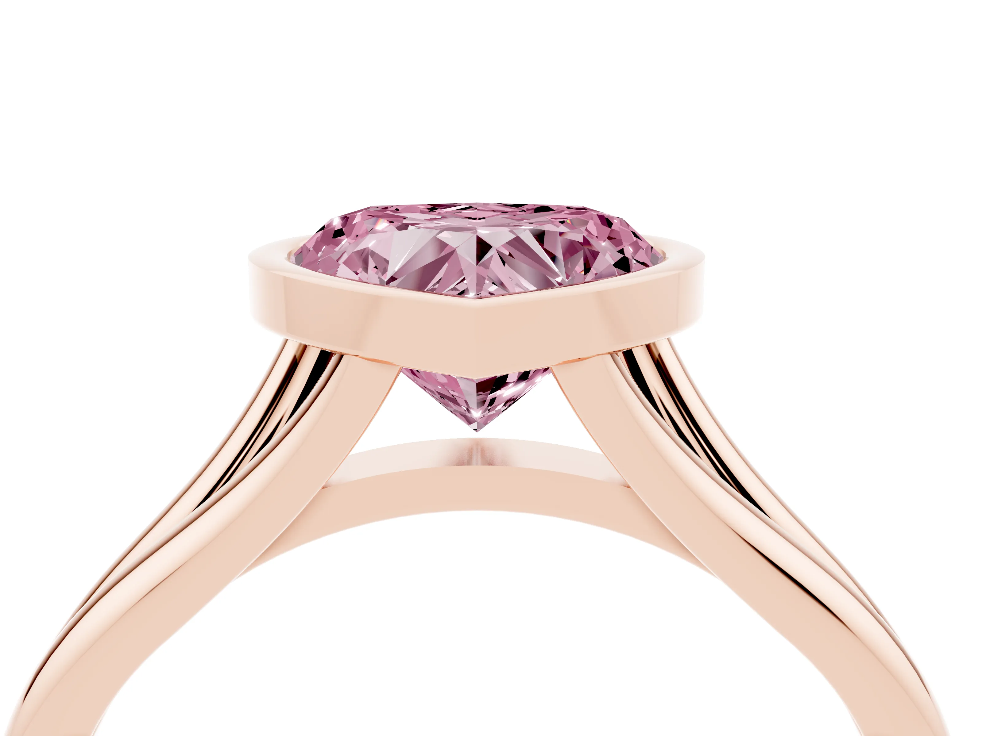 Fancy Pink Bezel Set Heart Cut Diamond Solitaire Ring Set in Rose gold with Tapered Band