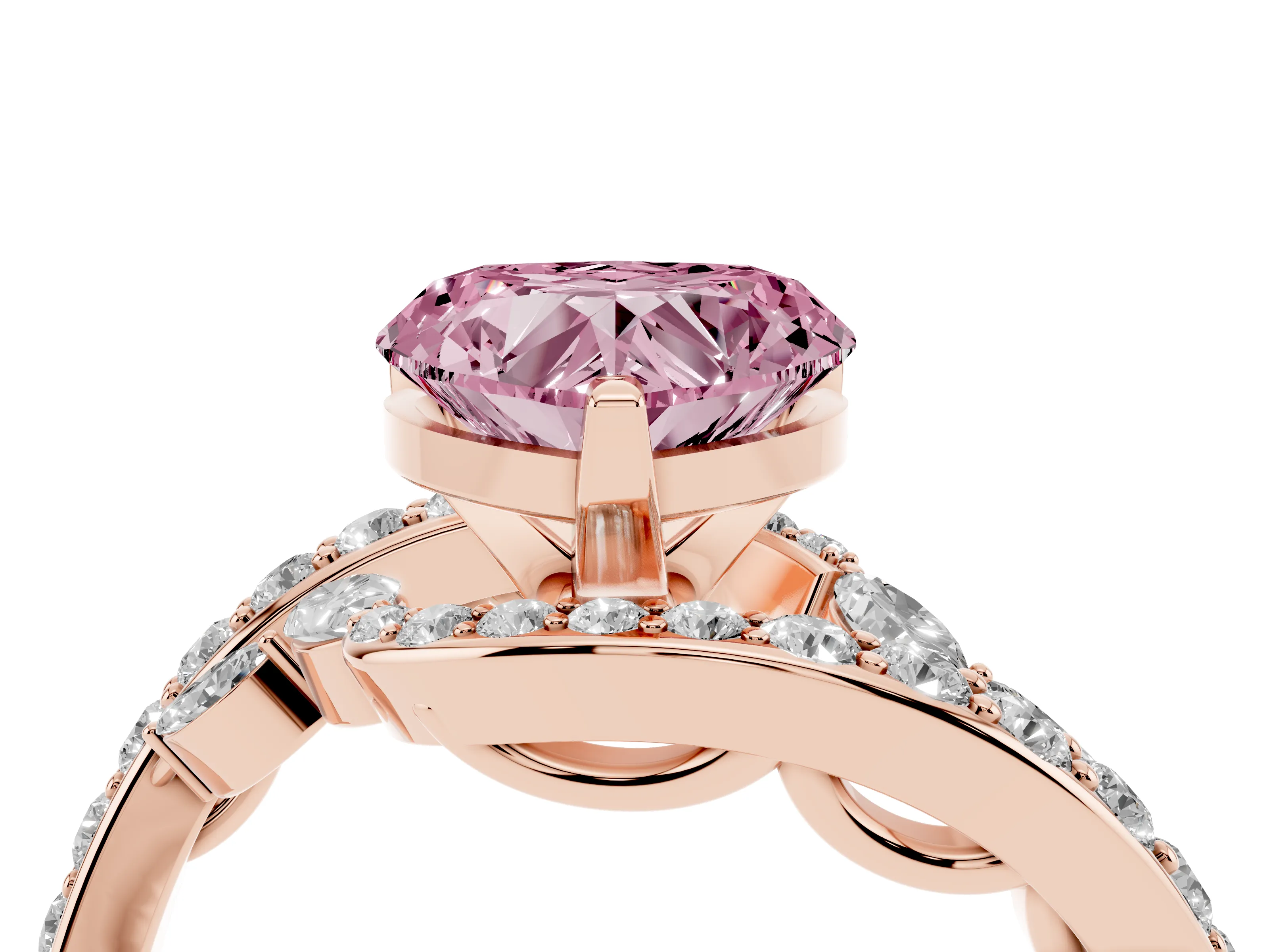 Fancy Pink Heart Cut Diamond Solitaire Ring Set in Rose gold with Pavé Twist Band and Secure Prong Setting