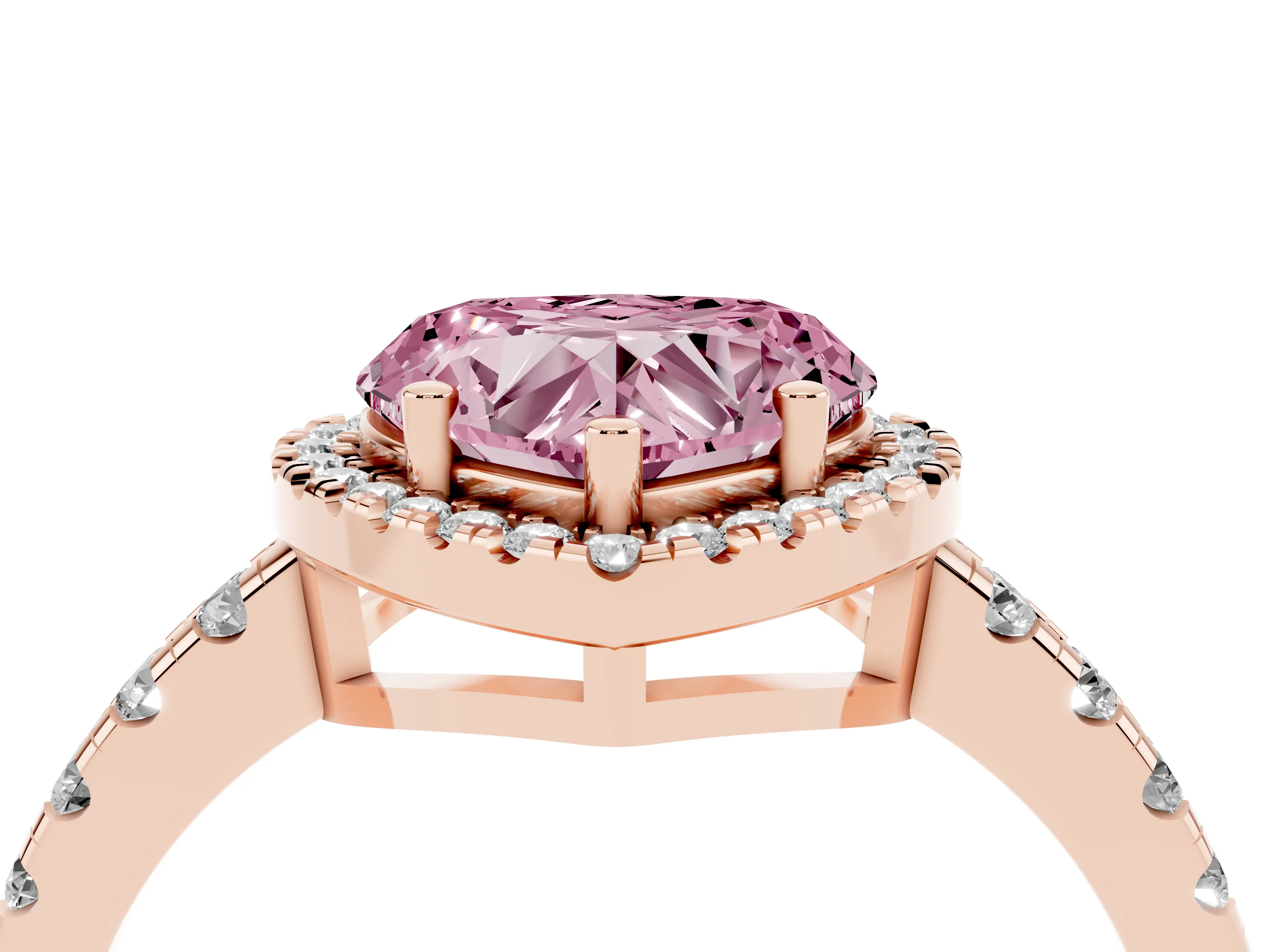 Fancy Pink Heart Cut Diamond Halo Ring Set in Rose gold with Delicate Pavé Band and Prong Setting
