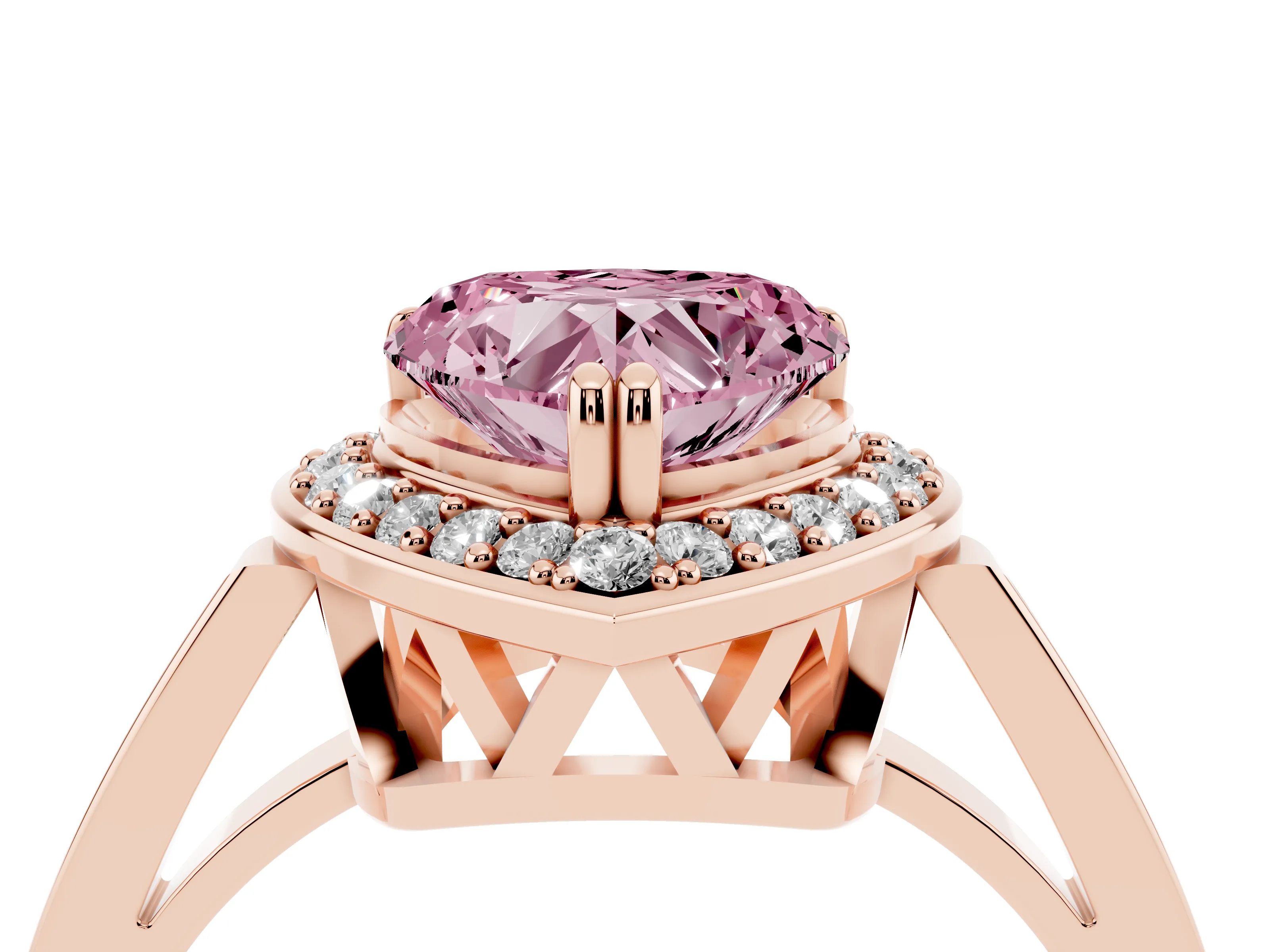 Fancy Pink Heart Cut Diamond Halo Ring Set in Rose gold with Accent-Lined Split Shank and Prong Setting