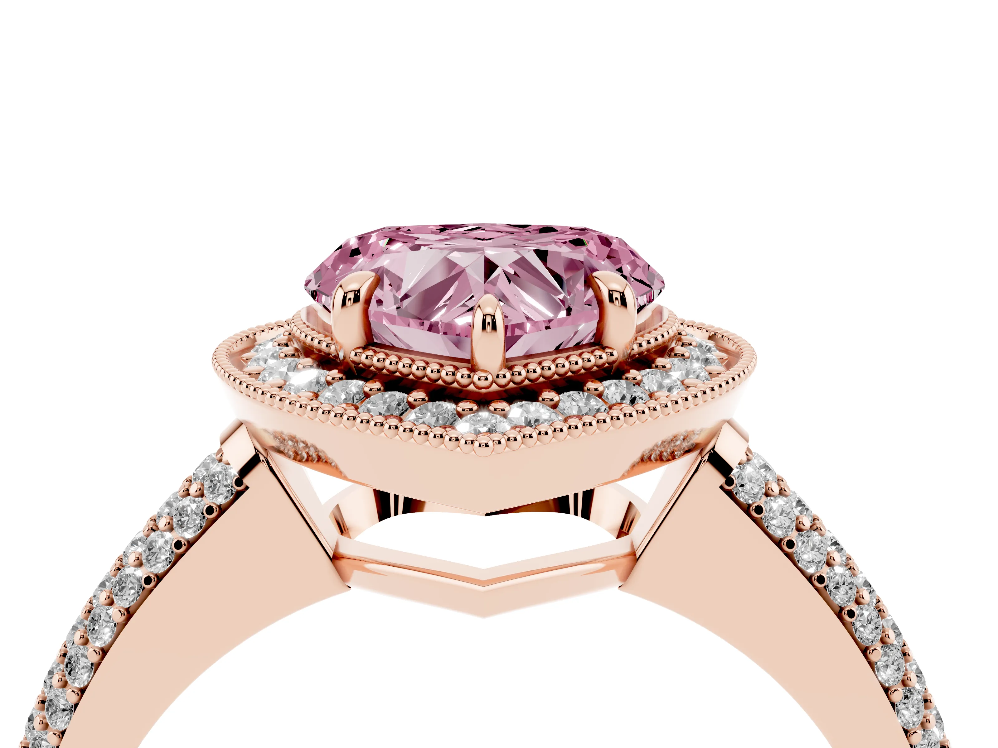 Fancy Pink Heart Cut Diamond Halo Pavé Band Set in Rose gold with Prong Setting