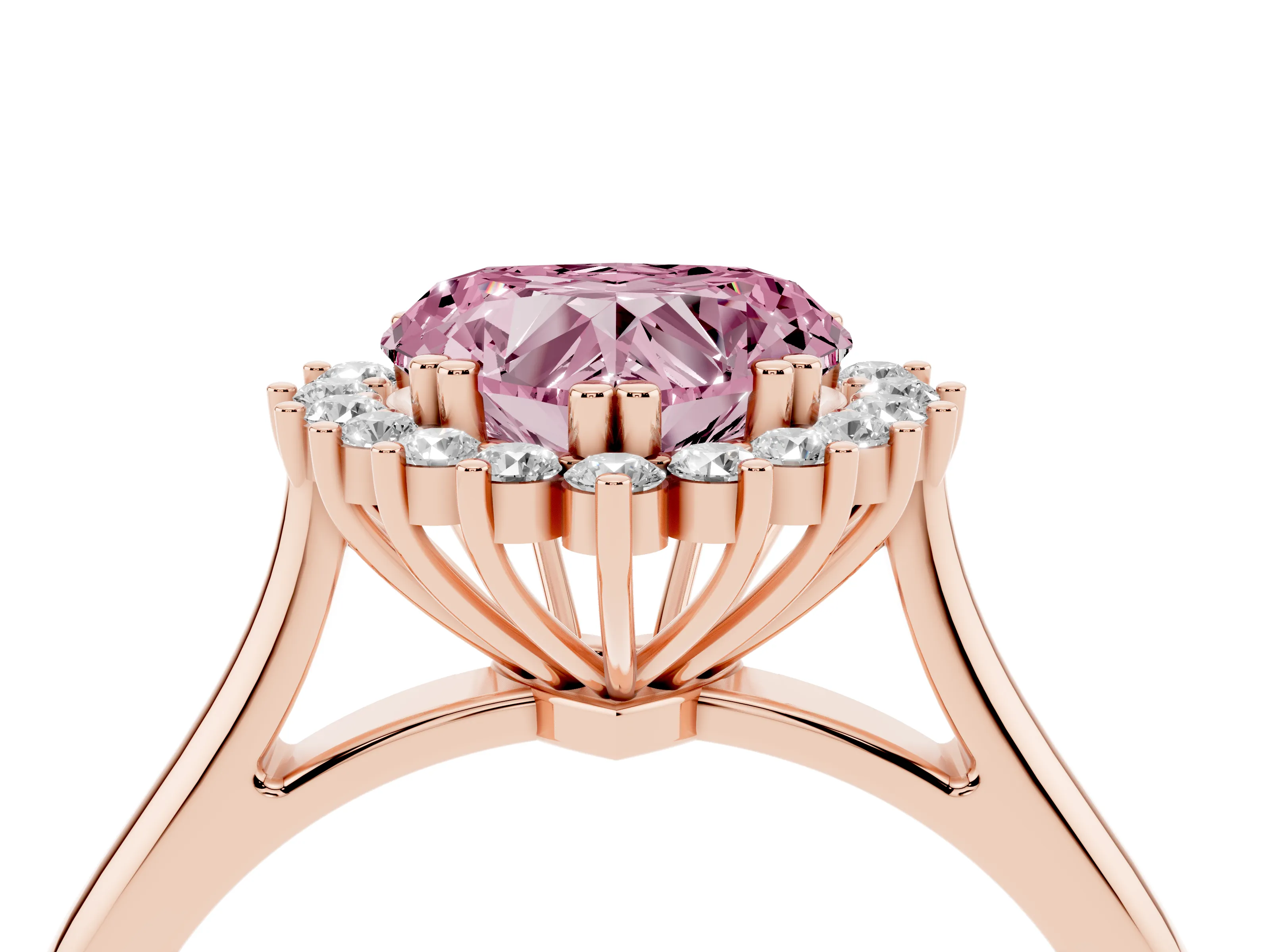 Fancy Pink Heart Cut Diamond Halo Ring Set in Rose gold with Plain Solitaire Band and Prong Setting