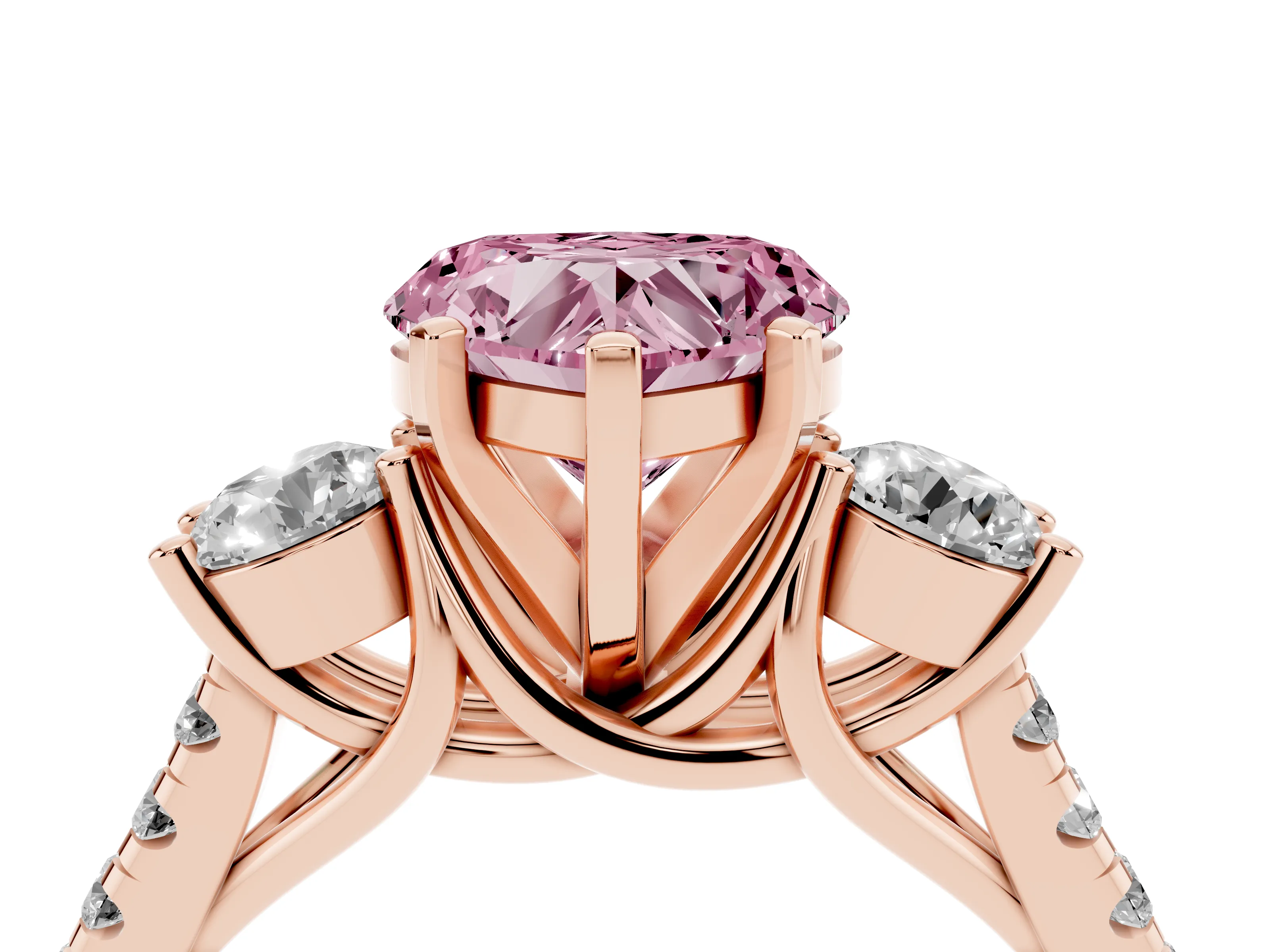 Fancy Pink Three-Stone Heart Cut Diamond Pavé Band Ring Set in Rose gold with Prong-Set Trio