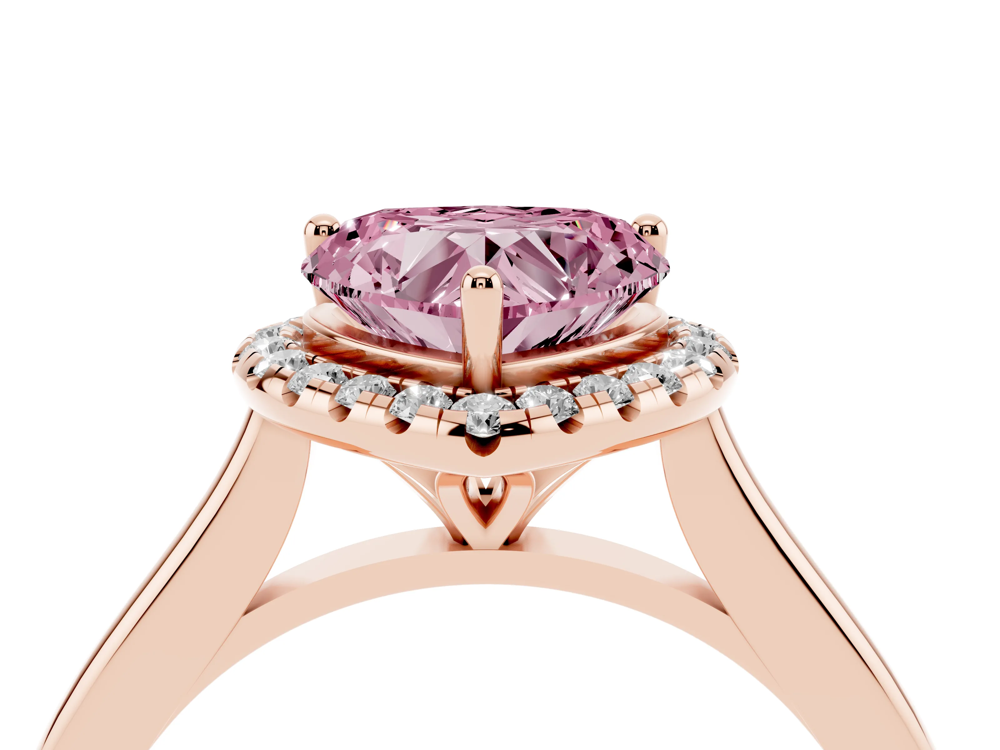 Fancy Pink Heart Cut Diamond Halo Engagement Ring Set in Rose gold with Pavé Band and Rising Shoulders